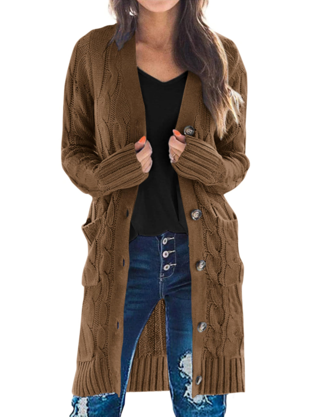 PRETTYGARDEN Long Sleeve Cable Knit Long Cardigan for Women 2026 Spring Winter Chunky Open Front Button Sweaters with Pockets(Coffee,Small)