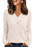 AUTOMET Womens Long Sleeve Shirt Fall Fashion 2025 V Neck Sweater Tunic Tops Dressy Casual Work Blouse Trendy Winter Clothing Apricot M