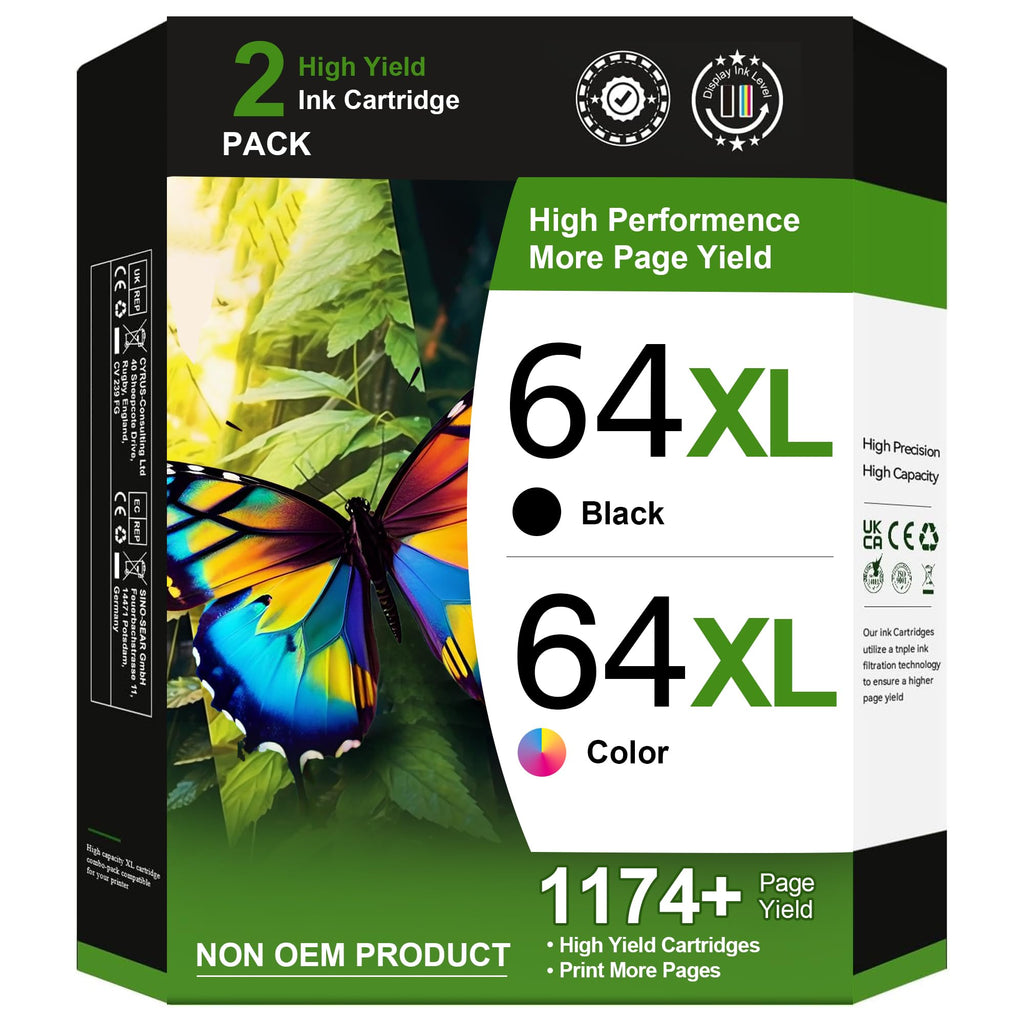 Adoccur 64XL Ink Cartridge Replacement for HP Ink 64 HP 64 Ink for HP 64XL Ink Cartridge Combo Pack Works with Envy Photo 7855 7858 6252 6255 7800 7100 7155 7158 Tango Series Printer (2 Pack)