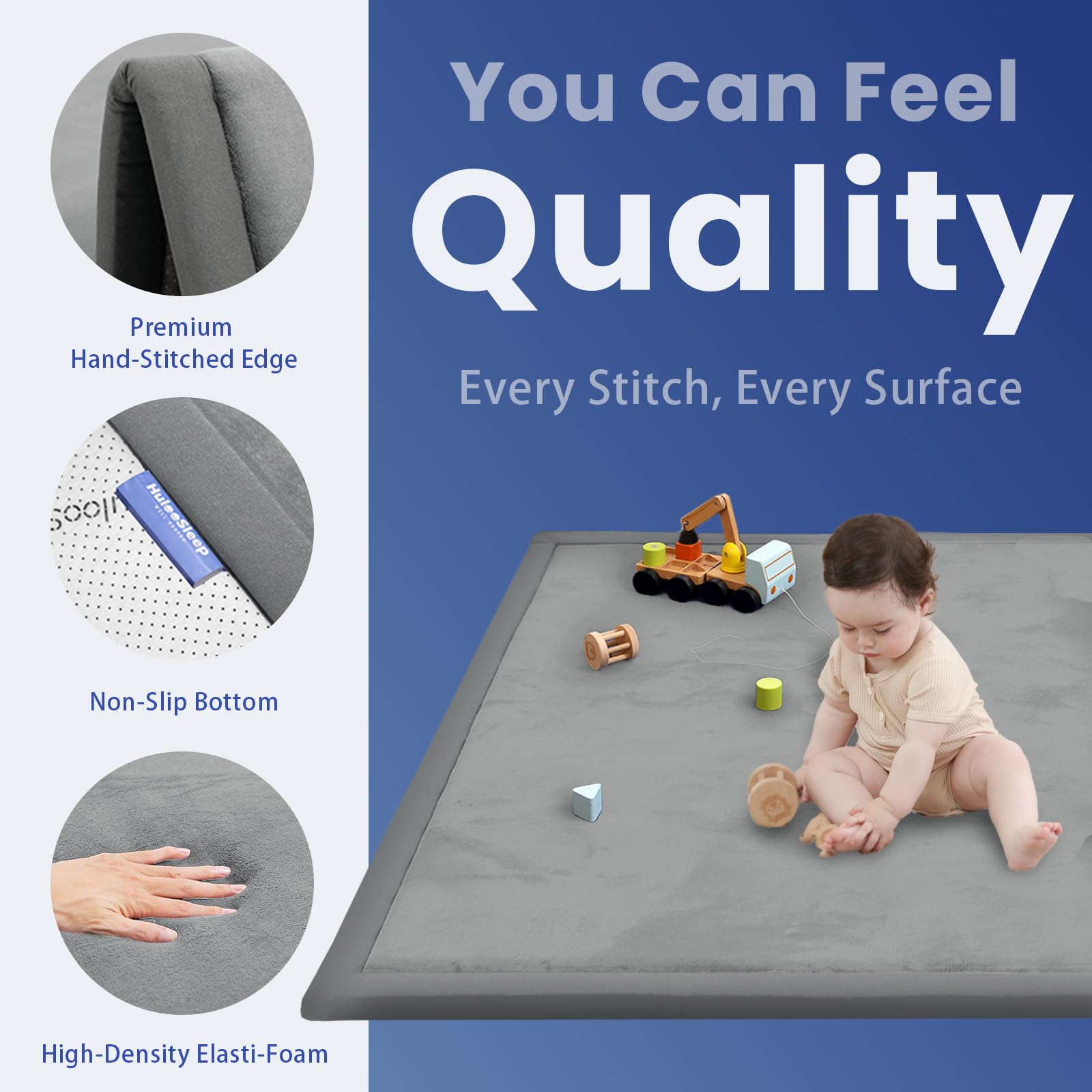 Huloo Sleep Ultra Soft Baby Play Mat for Floor,1.3" Thick Elasti-Foam 50x50 Playpen Mat for Toddlers Infant kids,Non-Slip Backing Safe for Crawling&Tummy Time,Tatami Style (Dark Grey)