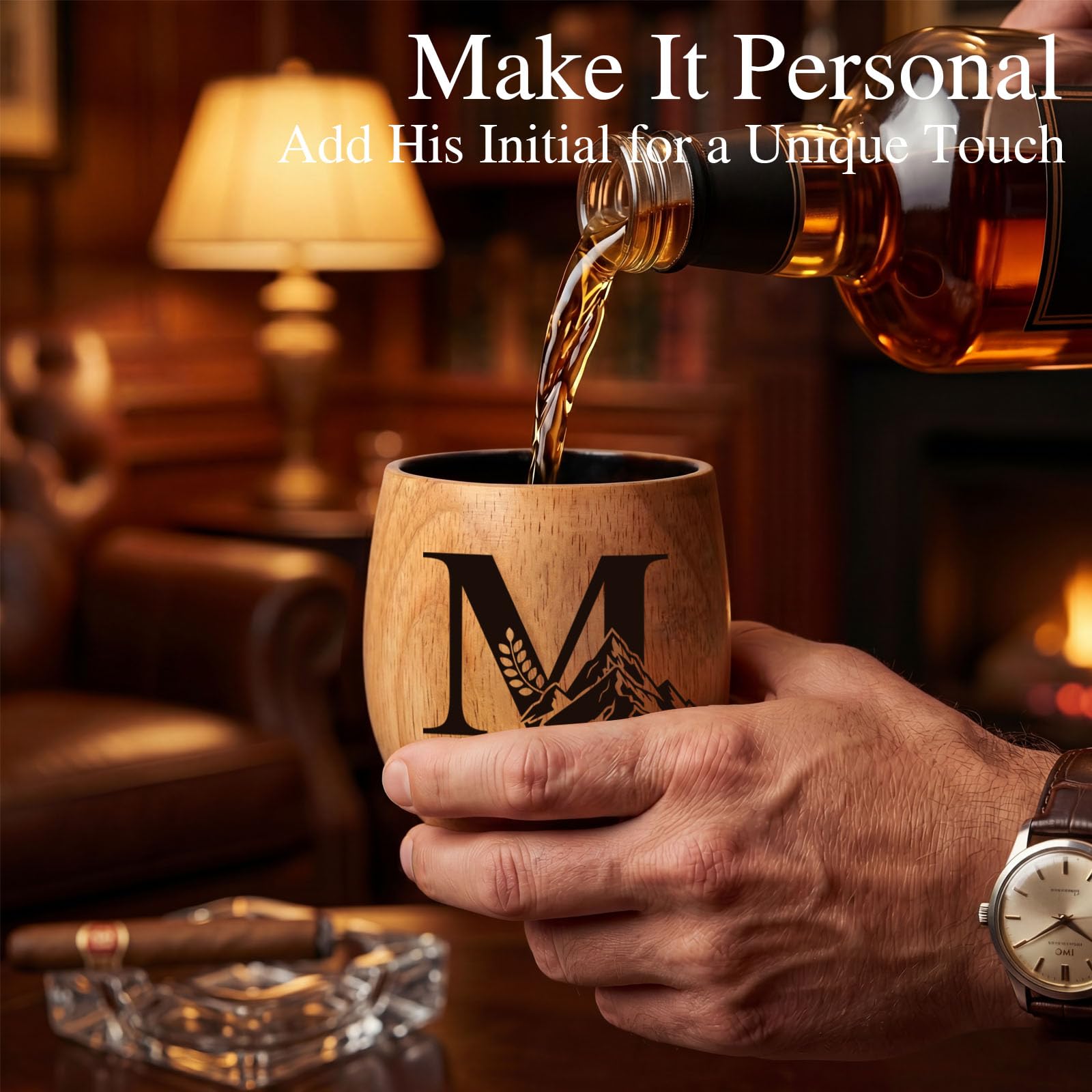 Gifts for Men – Personalized Wooden Whiskey Glass Set, 11oz Charred Oak Bourbon Glass with Coaster & Whiskey Stones, Unique Father’s Day, Anniversary & Birthday Gift for Dad, Husband(M)
