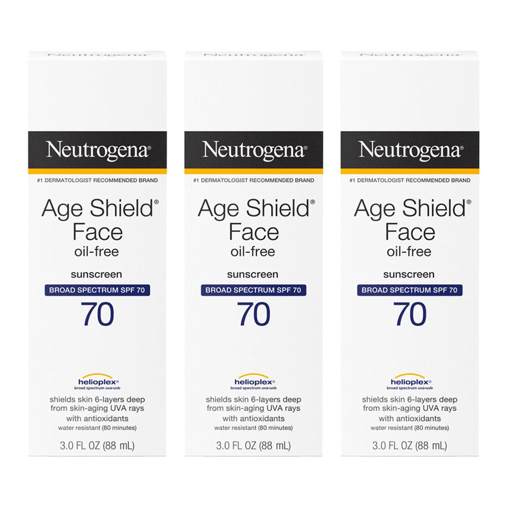 Neutrogena Age Shield Face Oil-Free Sunscreen Lotion with Broad Spectrum SPF 70, Non-Comedogenic Moisturizing Sunscreen to Help Prevent Signs of Aging, PABA-Free, 3 fl. oz (Pack of 3)