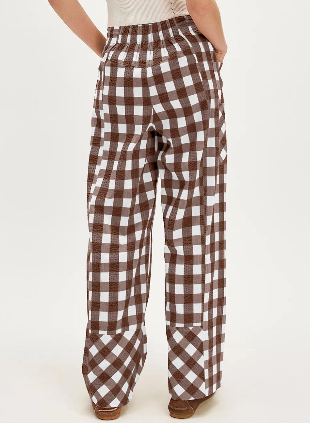 Acelitt Womens Casual Checkered Pants Fall Fashion 2026 Loose Drawstring Elastic Waist Ankle Pants Trousers with Pockets Brown Large
