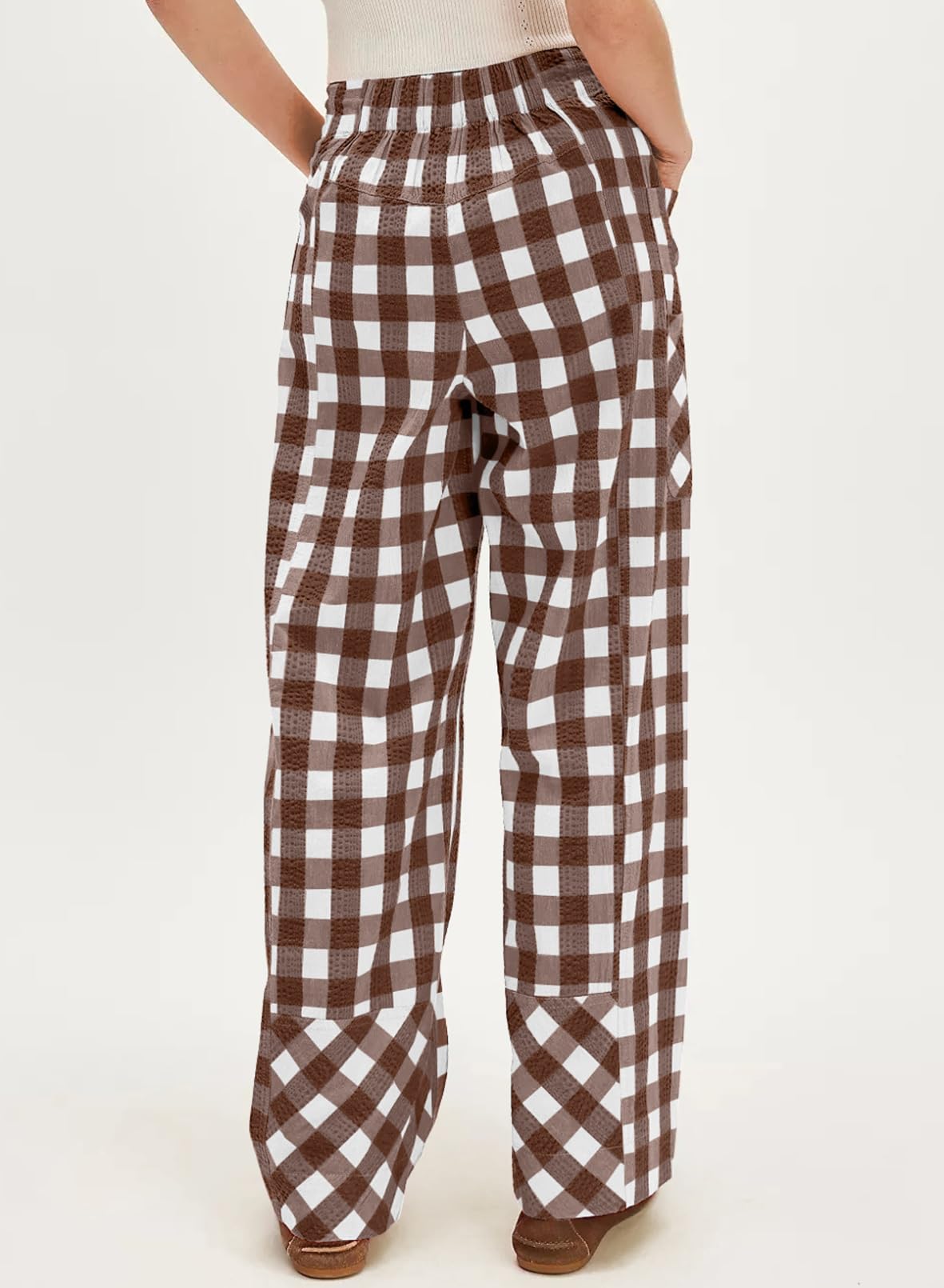 Acelitt Womens Casual Checkered Pants Fall Fashion 2026 Loose Drawstring Elastic Waist Ankle Pants Trousers with Pockets Brown Large