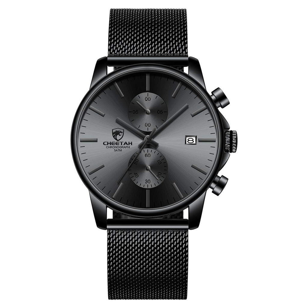 GOLDEN HOUR Men’s Watch Fashion Sport Quartz Analog Mesh Stainless Steel Waterproof Chronograph Watches, Auto Date in Grey Hands, Color: Black