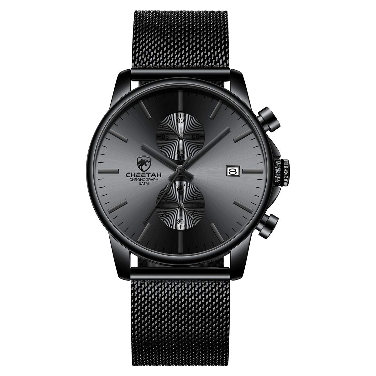 GOLDEN HOUR Men’s Watch Fashion Sport Quartz Analog Mesh Stainless Steel Waterproof Chronograph Watches, Auto Date in Grey Hands, Color: Black