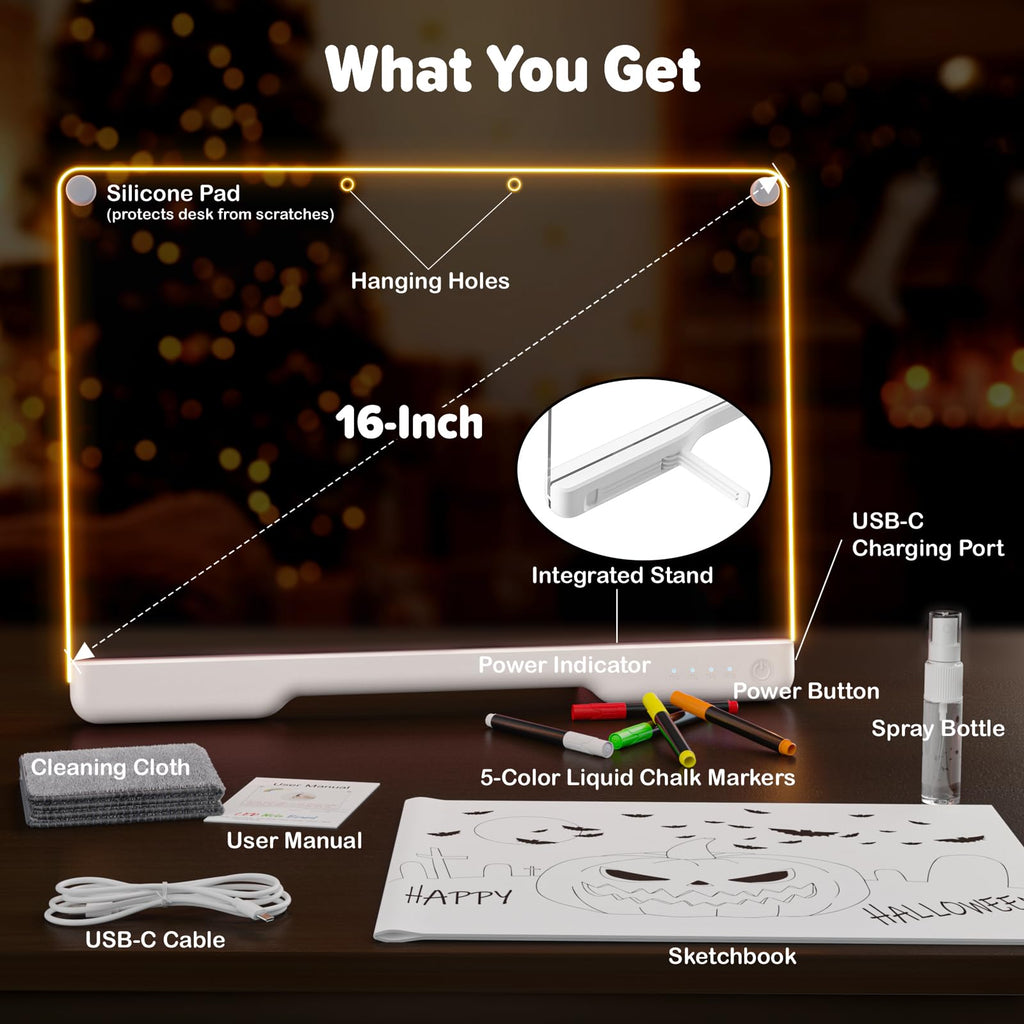 16-Inch Rechargeable Doodle Glow LED Note Board, 7-Color Light Modes, Neon Art Dry Erase Light Up Drawing Pad with Built-in Stand, Sketching Gift Toy for Kids/Girls/Teens, 5 Markers & Tracing Book