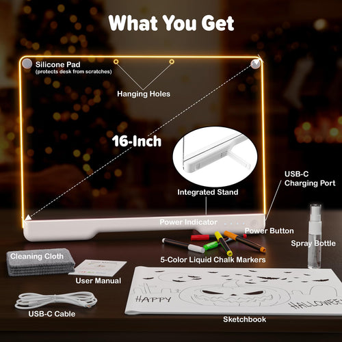 16-Inch Rechargeable Doodle Glow LED Note Board, 7-Color Light Modes, Neon Art Dry Erase Light Up Drawing Pad with Built-in Stand, Sketching Gift Toy for Kids/Girls/Teens, 5 Markers & Tracing Book