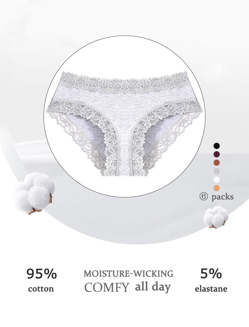 ALL OF SHE Womens Cotton Underwear Cheeky Bikini Panties Sexy Lace Briefs Soft Stretch Lingerie for Ladies Underwear Pack 6