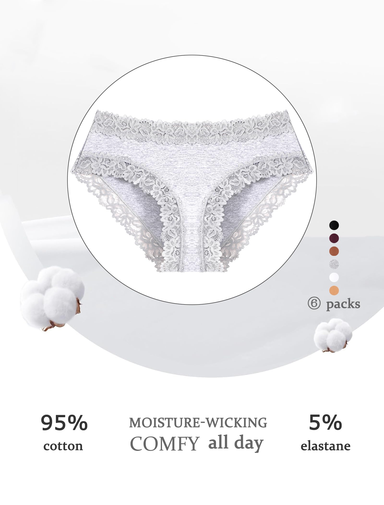 ALL OF SHE Womens Cotton Underwear Cheeky Bikini Panties Sexy Lace Briefs Soft Stretch Lingerie for Ladies Underwear Pack 6