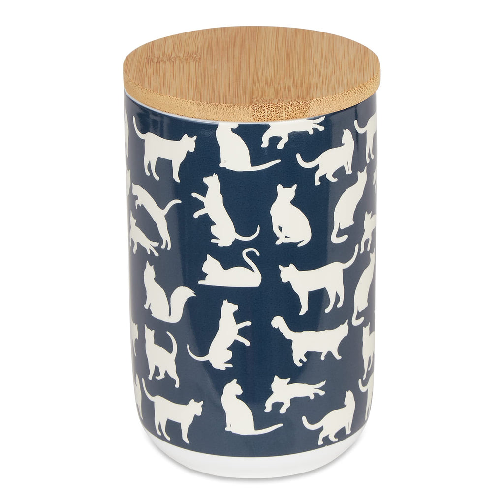 Bone Dry Ceramic Treat Jar for Cats and Dogs, Bamboo Lid, Dishwasher Safe Canister, 4x6.5", Navy, Cat Treats
