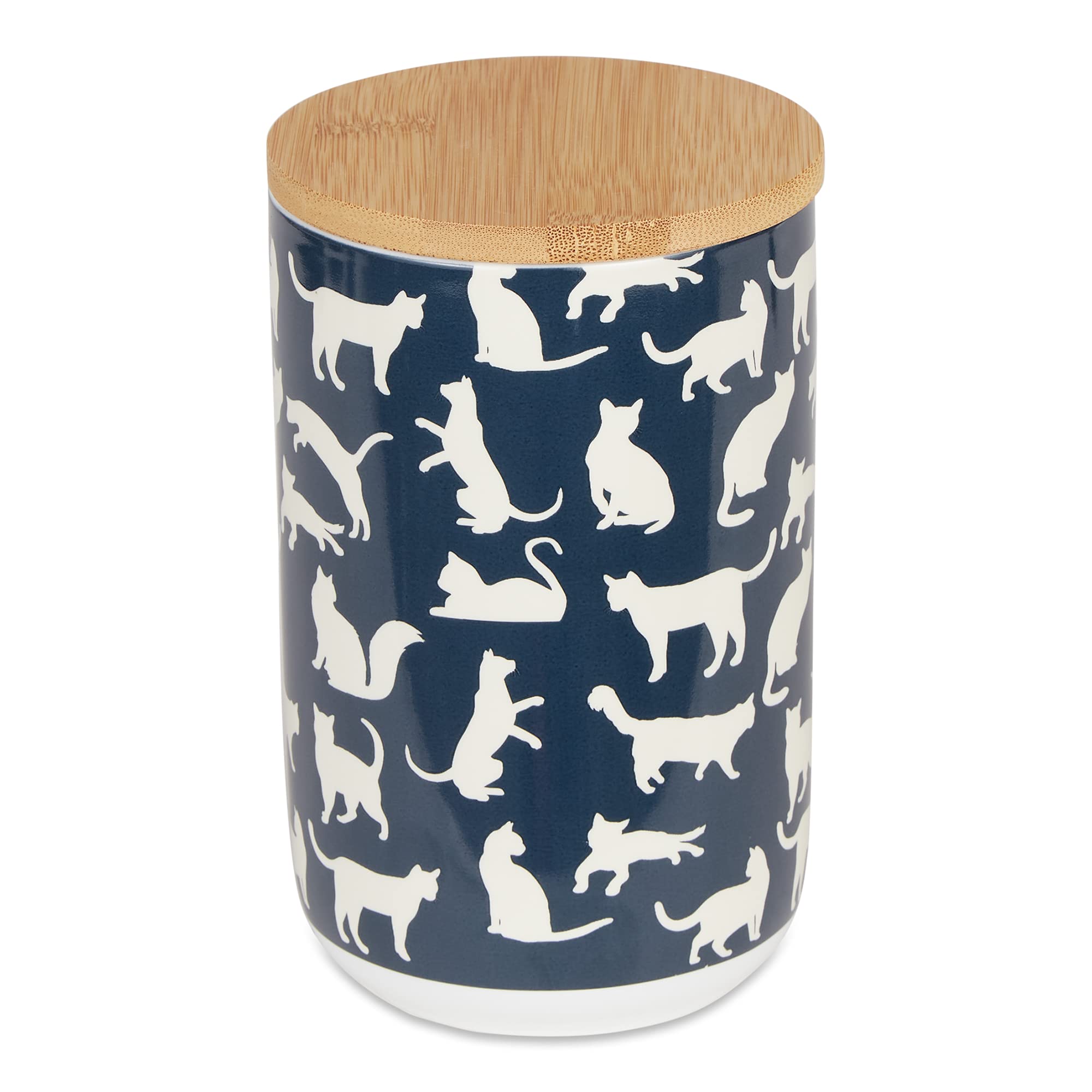 Bone Dry Ceramic Treat Jar for Cats and Dogs, Bamboo Lid, Dishwasher Safe Canister, 4x6.5", Navy, Cat Treats