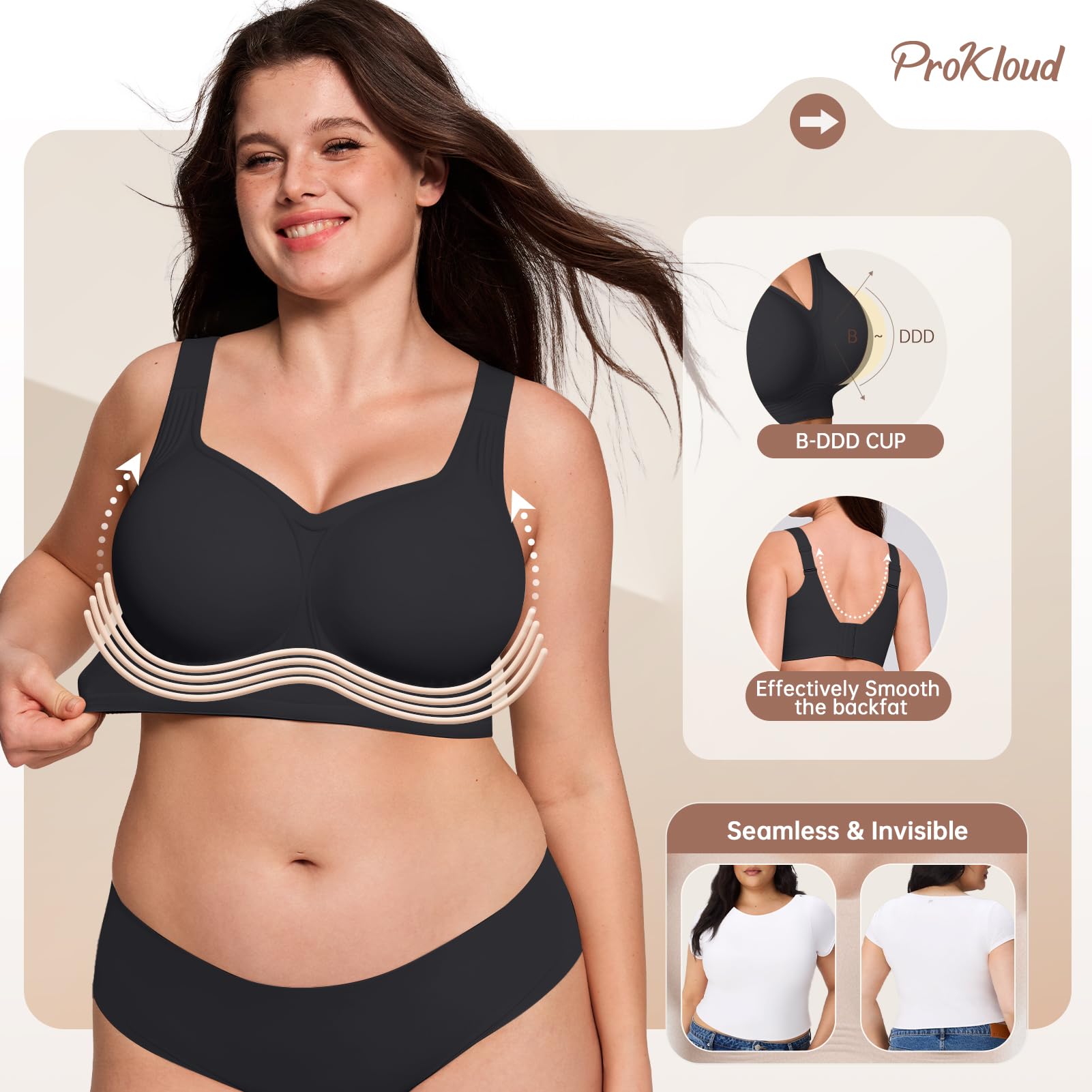 ProKloud Jelly Bras for Women No Underwire Wireless Bra with Support and Lift Full Coverage Plus Size Comfy Seamless Bra Black