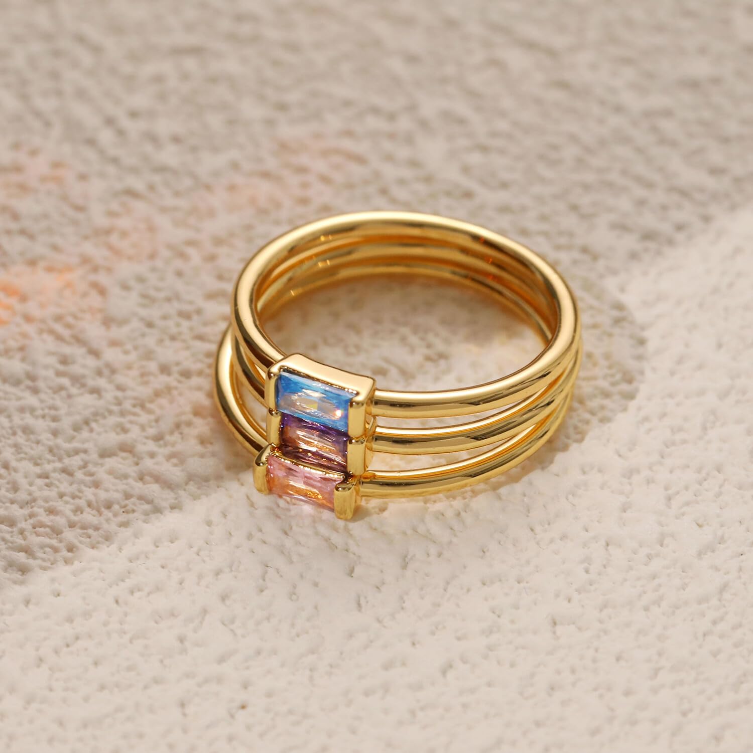 RLMOON Gold Birthstone Rings for Women Non Tarnish Gold Stackable Ring Dainty 14K Gold Plated Baguette Cubic Zirconia Ring Personalized Jewelry Gift for Birthday Size 7