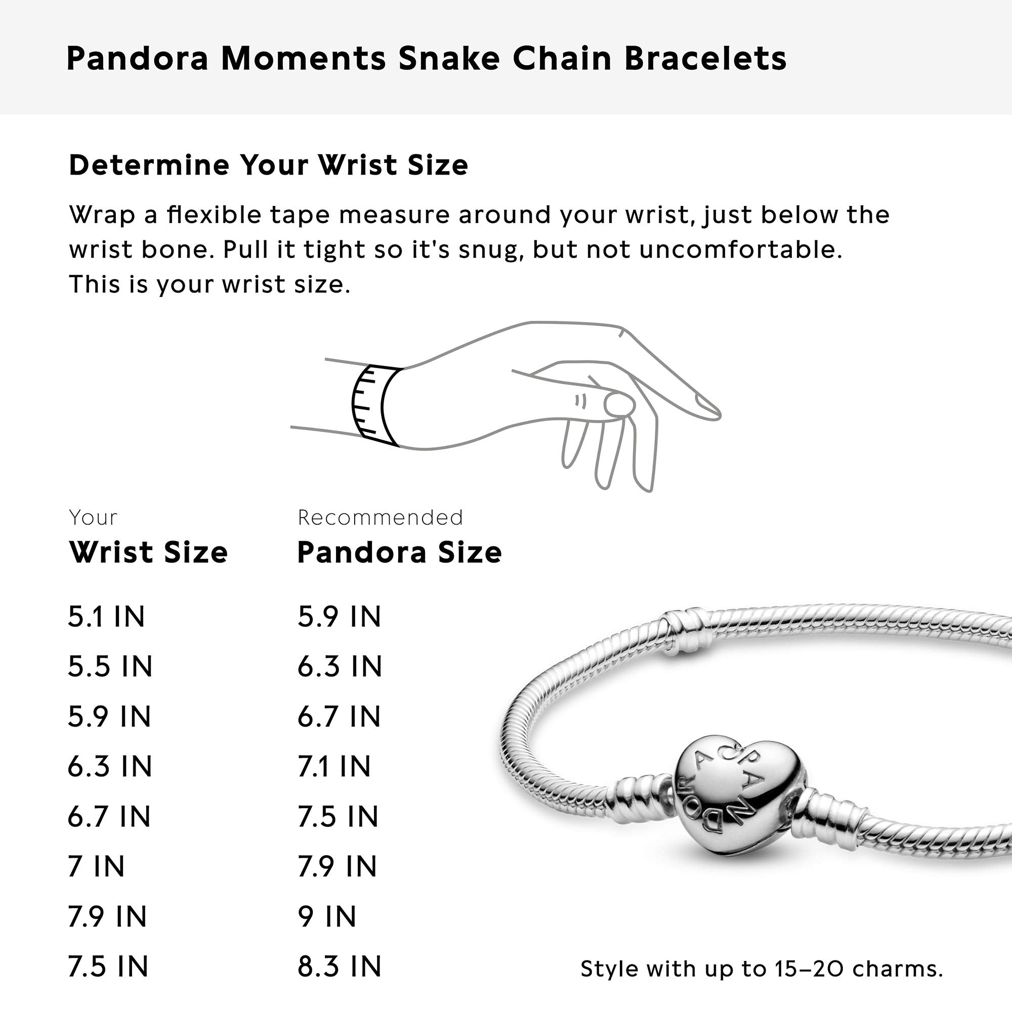 Pandora Jewelry Moments Heart Clasp Snake Chain Charm Sterling Silver Bracelet, 8.3"