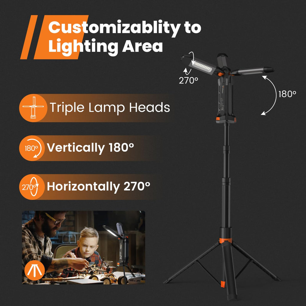 gogonova 2026 Rechargeable Work Light with Stand, 4 in 1 Cordless Camping Light, 700/1200/2200 Lumens, 4000/6500K Dimmable LED Work Lamp with Detachable Tripod（Grey）