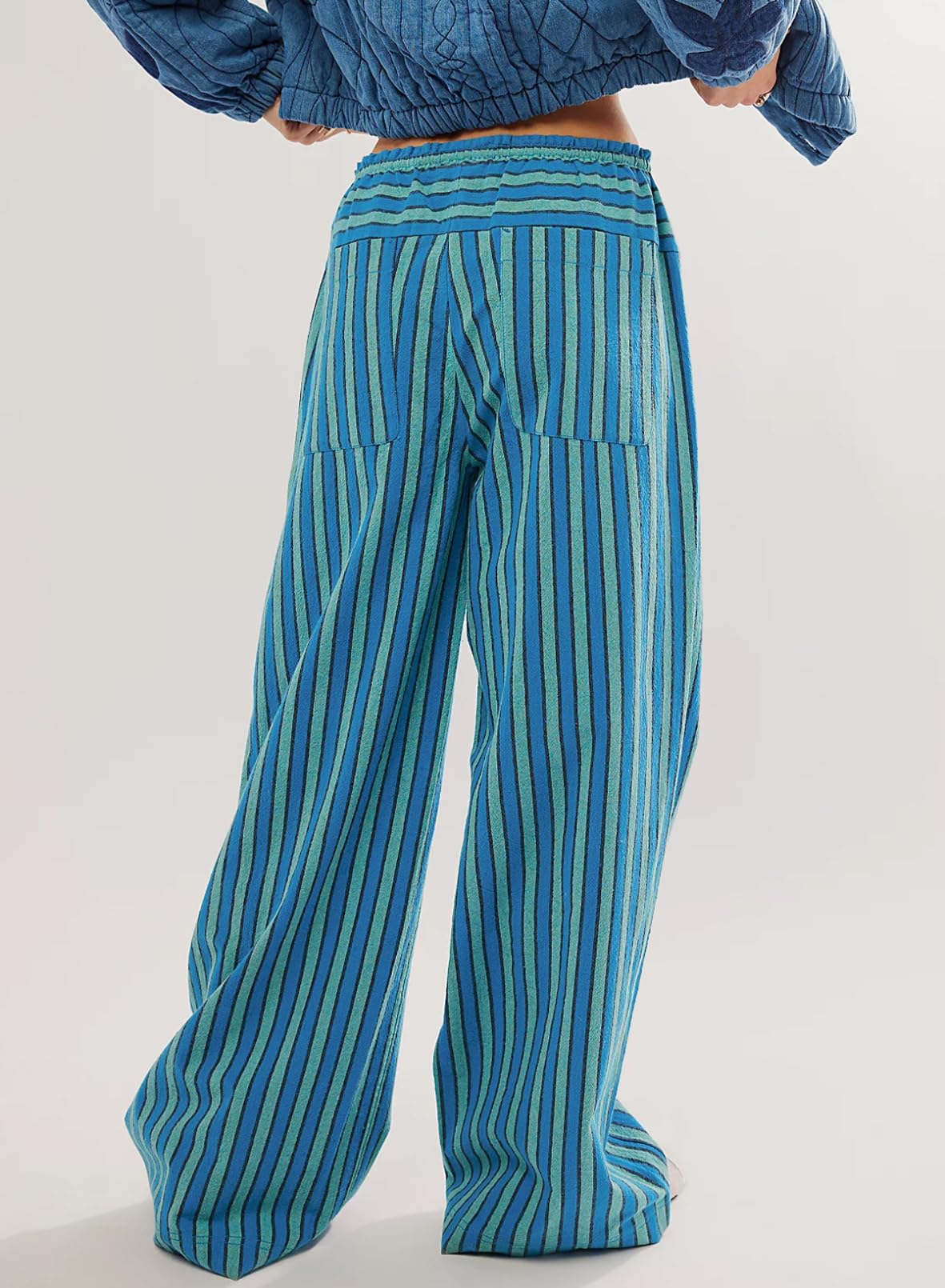 Acelitt Womens Casual Striped Color Block Pants Drawstring Elastic Waist 2026 Fall Fashion Comfy Loose Wide Leg Pants Trousers with Pockets Sky Blue Medium