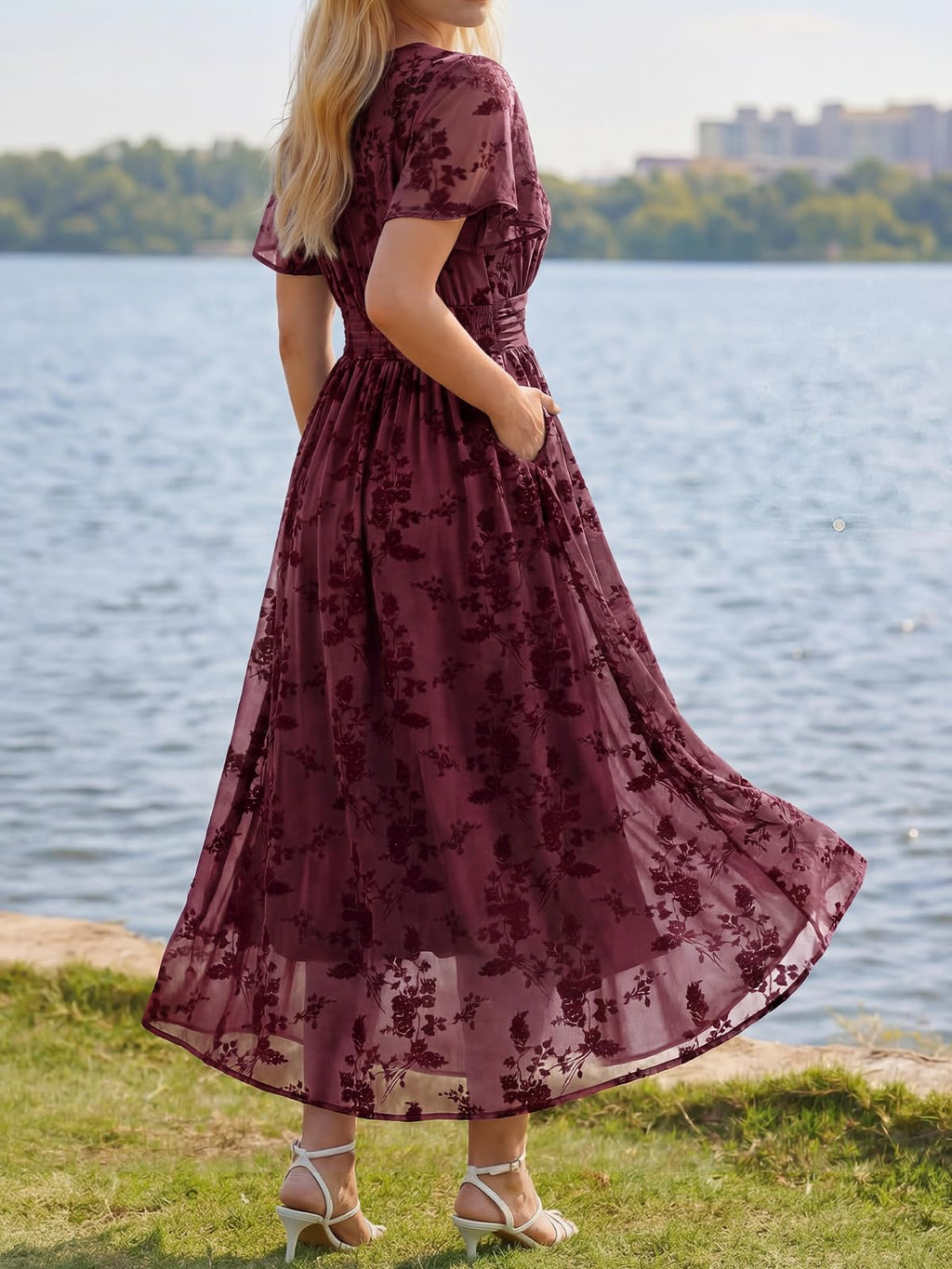 LILLUSORY Wedding Guest Maxi Dress 2026 Women Summer V Neck Short Sleeve Floral A Line Long Brunch Cocktail Wrap Dress with Pockets Formal Elegant Flowy Outfits Burgundy
