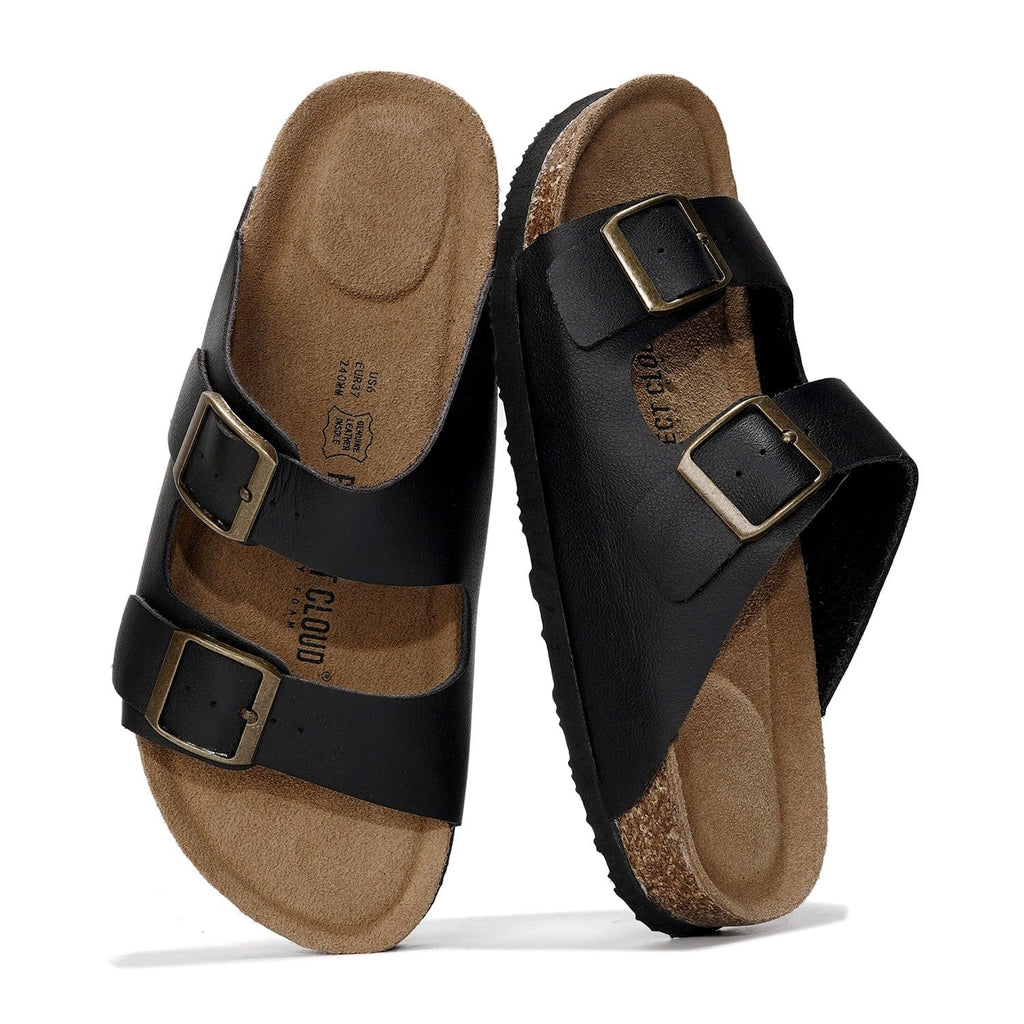 Project Cloud 100% Genuine Leather Flat Sandals For Women 2026 Cork Footbed Womens Sandals with Memory Foam and arch support Vacation Essentials Slides for Women Footwear (VenitaWD,BLK,9)