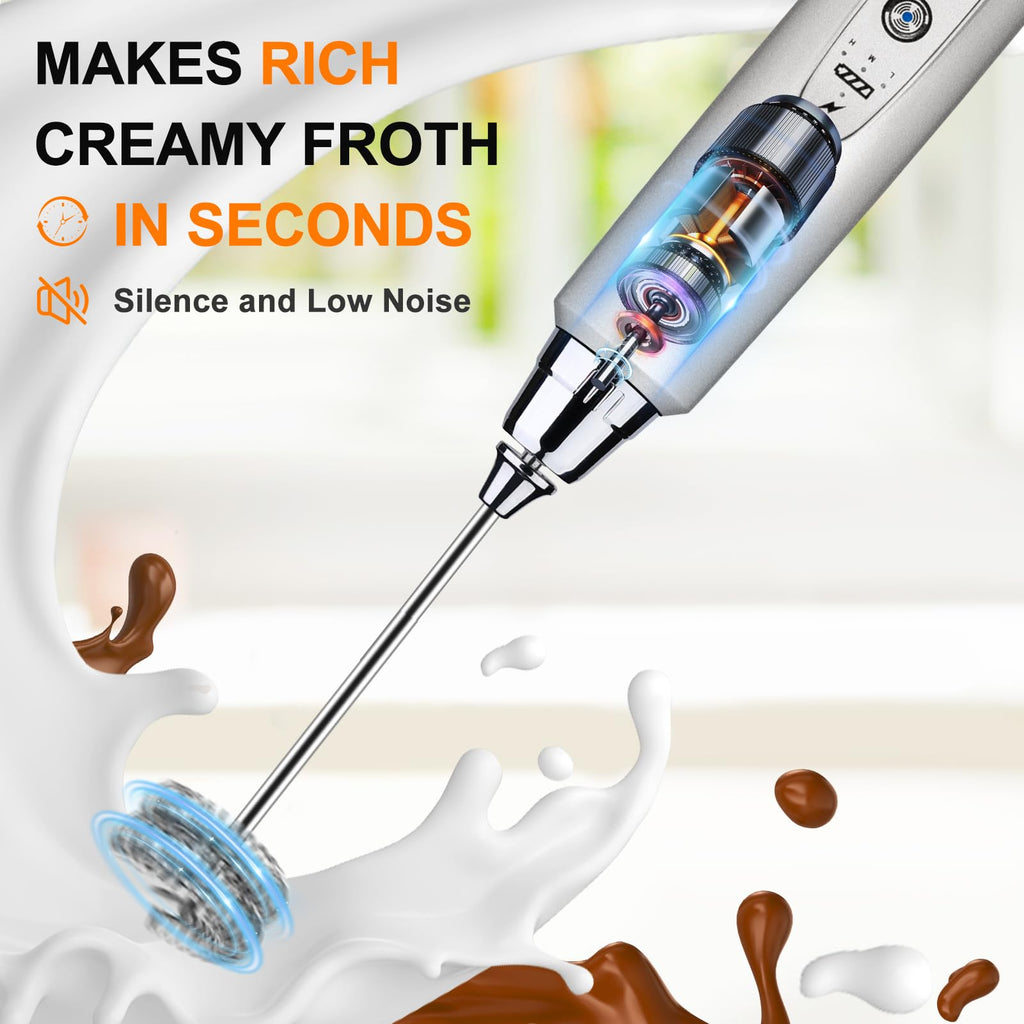 YUSWKO Rechargeable Milk Frother Handheld with 3 Heads, Silver Coffee Electric Whisk Drink Foam Mixer, Mini Hand Stirrer with 3 Speeds Adjustable for Latte, Cappuccino, Hot Chocolate, Egg