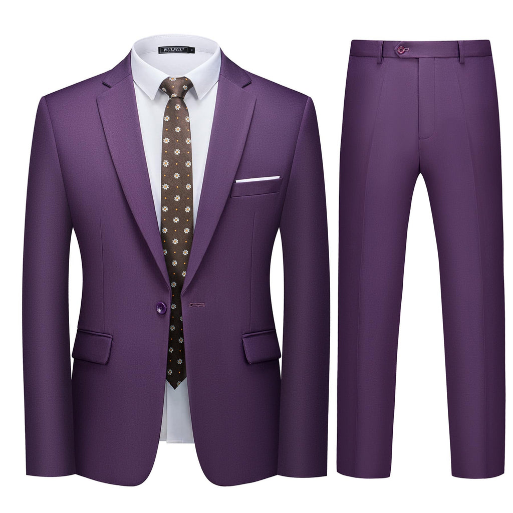 WULFUL Men's 2 Piece Slim Fit Suit Set One Button Blazer Jacket Pants Tuxedo Set for Party, Wedding and Business Purple