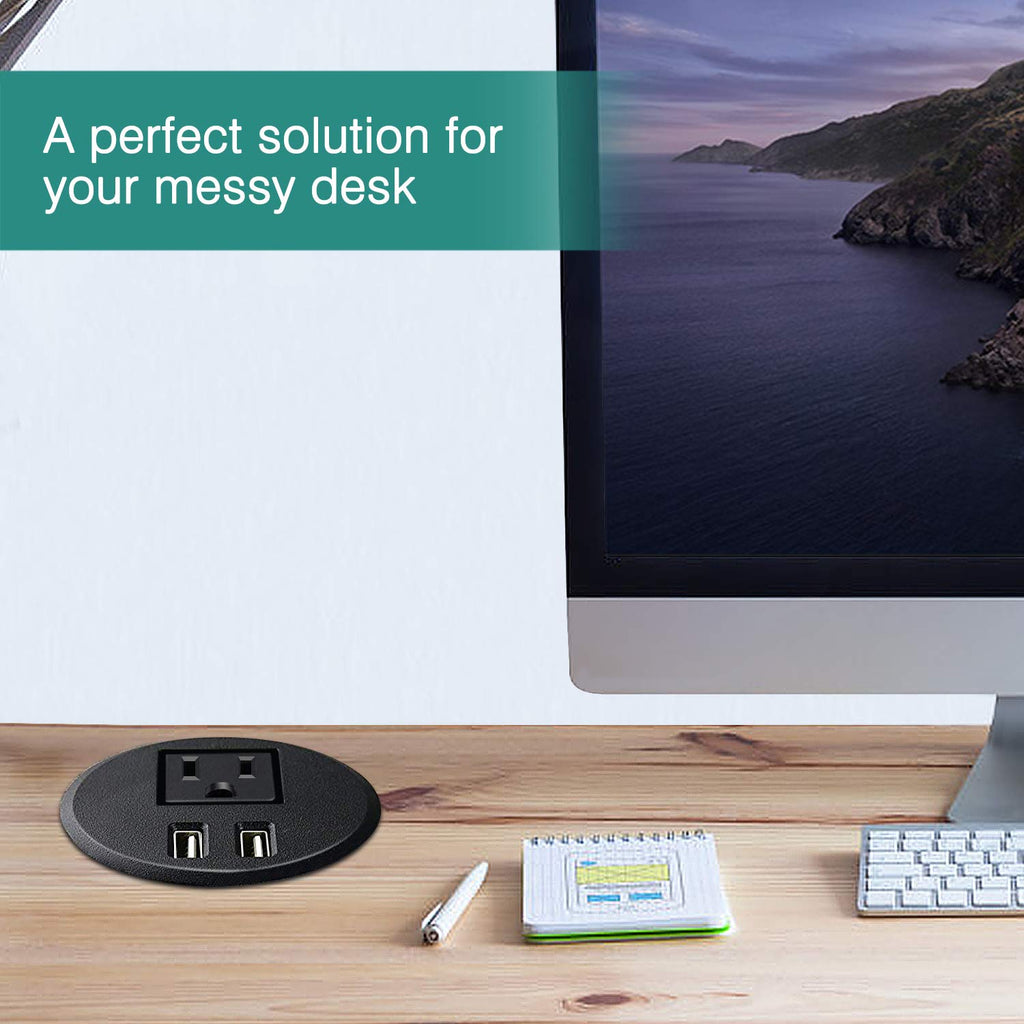 Desktop Power Grommet 2 3/8 inch Hole Table Power Grommet Outlet with 2 USB Charging Ports,6.5ft Extension Cord Desk Power Strip with 1 Outlets for Computer,Table, Kitchen, Office,Home,Hotel and More