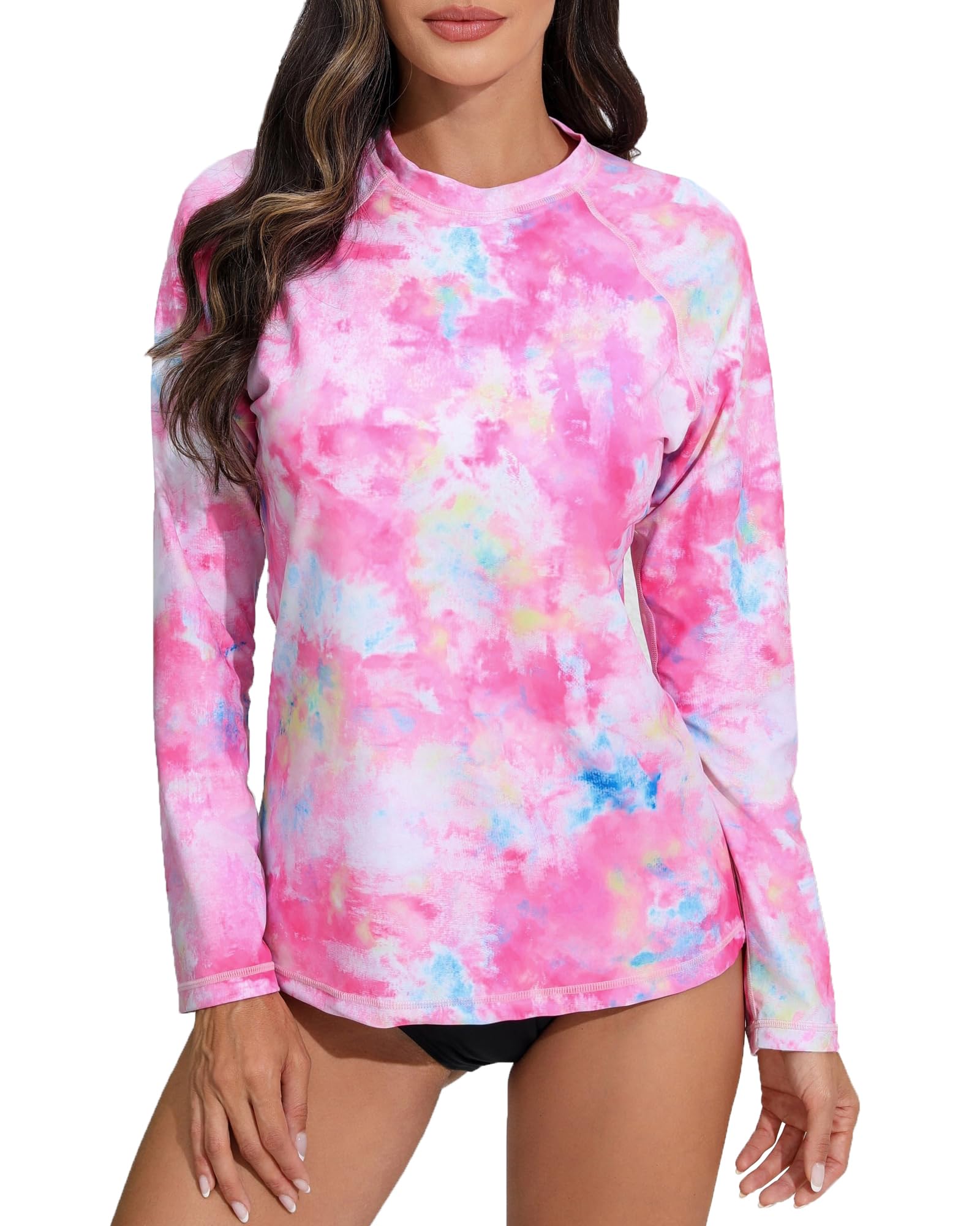Halcurt Womens Long Sleeve Rash Guard Swim Shirts with Built in Bra UPF50+ Sun Protection Swimsuit Top Pink Tie Dye M
