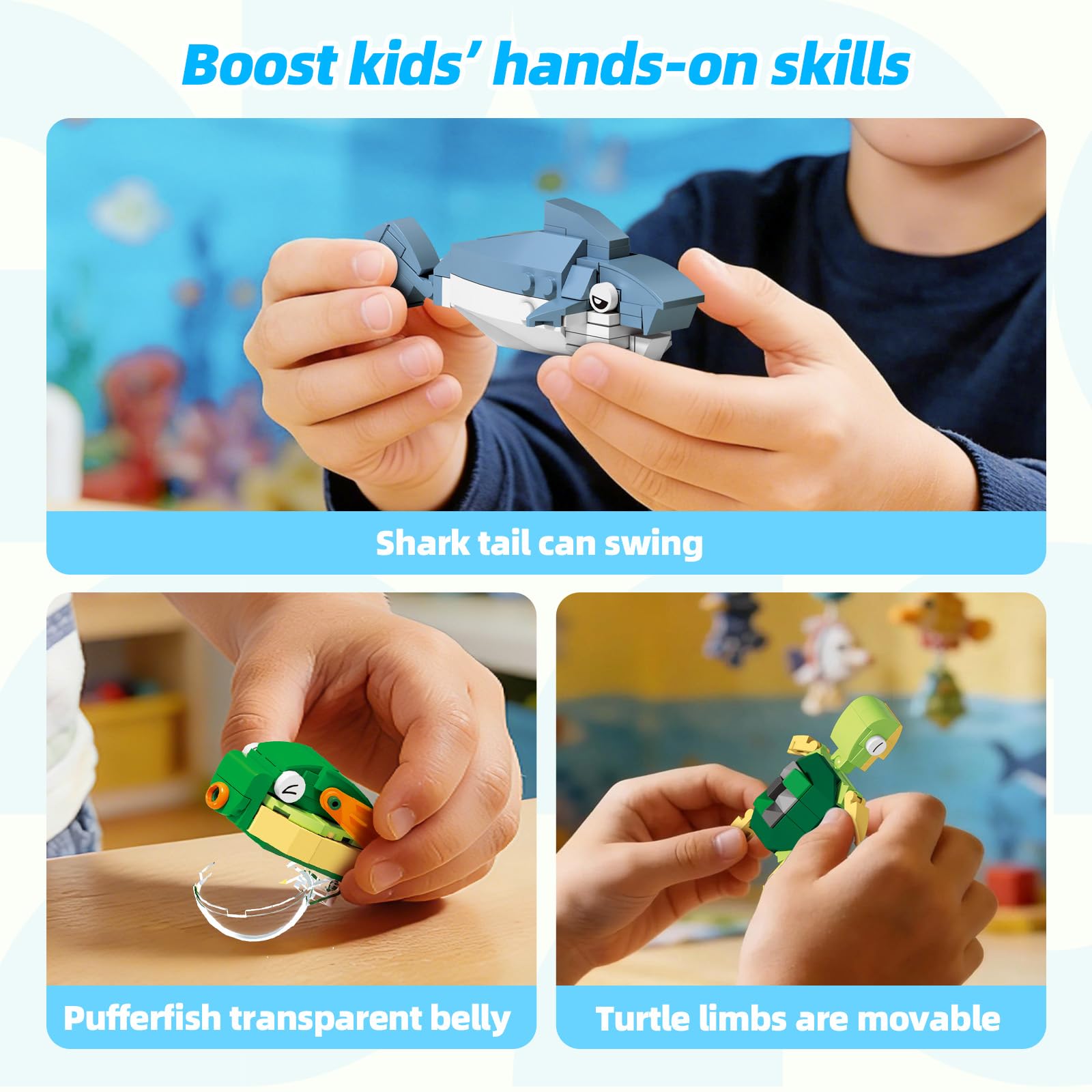 Wise Block Ocean World Building Set, 556 Pcs Sea Animals Building Toy, Educational STEM Learning Toys Party Favors for Girls Boys, Ages 4+, Birthday Gift Toddler Beach Toy with Shark, Turtle, Fish