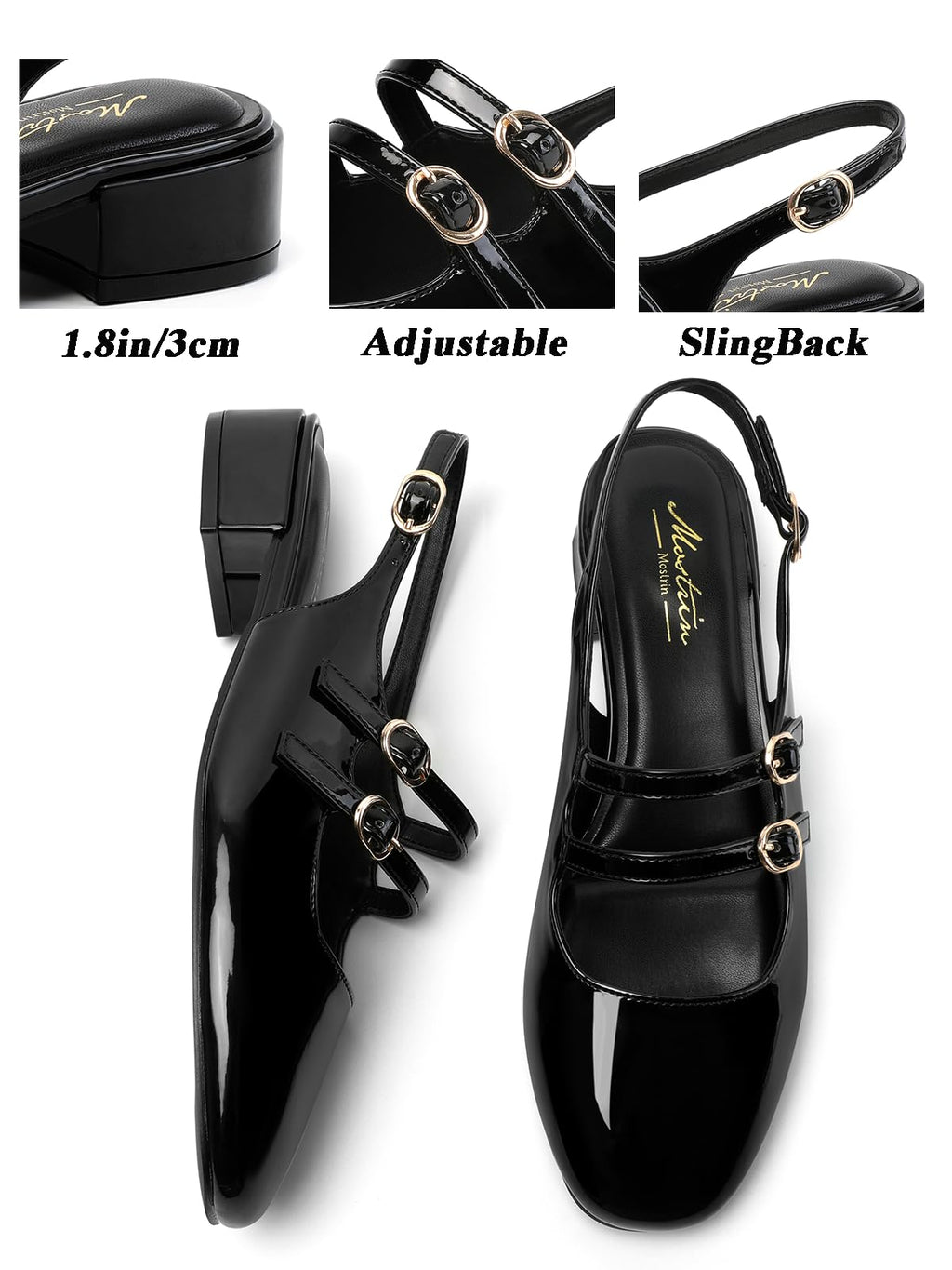 Mostrin Black Mary Jane Shoes Women Slingback Chunky Low Heels for Women Closed Rounded Toe Ankle Strap Pumps Daily Wedding Party Dress Shoes Size 6