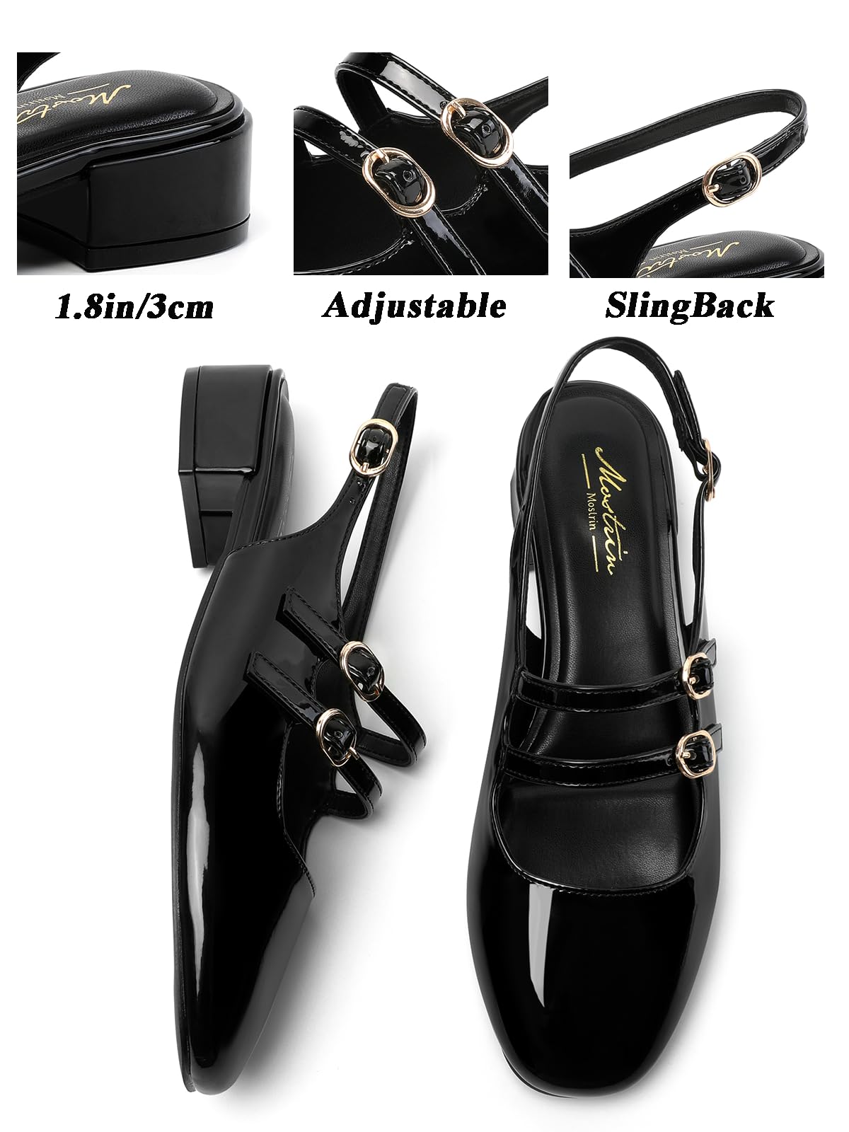 Mostrin Black Mary Jane Shoes Women Slingback Chunky Low Heels for Women Closed Rounded Toe Ankle Strap Pumps Daily Wedding Party Dress Shoes Size 6