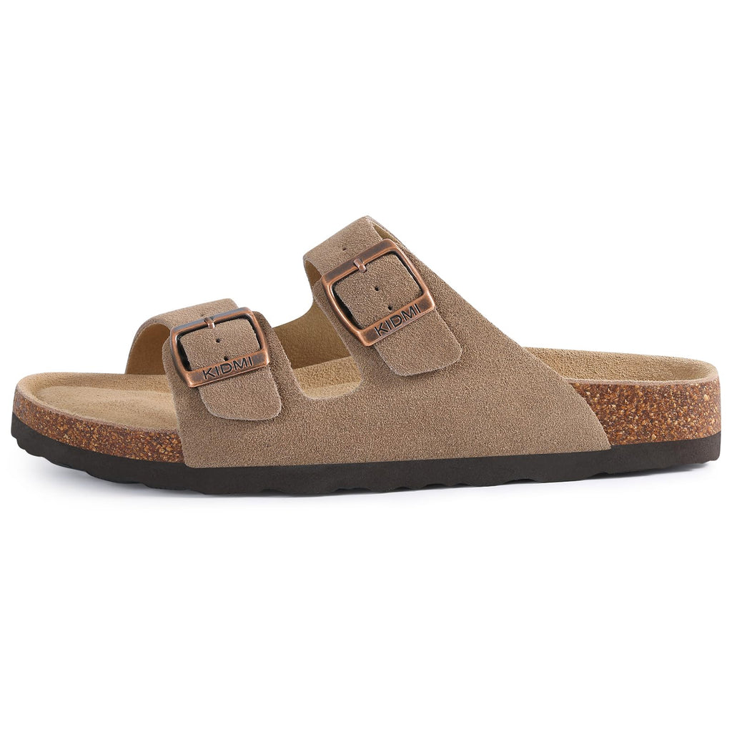 KIDMI Unisex Genuine Suede Summer Sandals Arch Support Cork Footbed Slide Sandals with Double Adjustable Buckle for Women Men, Mocha 39