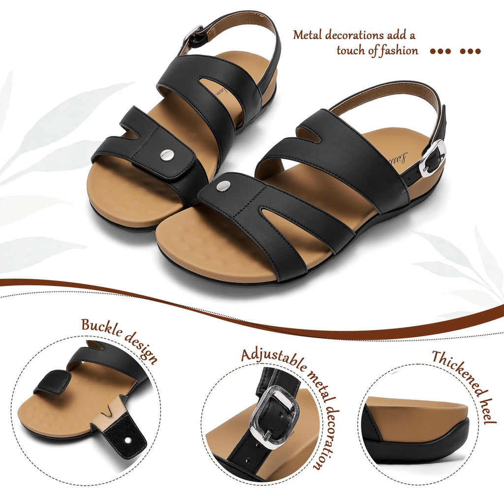 Littleplum Women's Orthopedic Sandals With Arch Support Comfortable Walking Orthotic Casual Flat Sandals For Women Dressy Black Size 8
