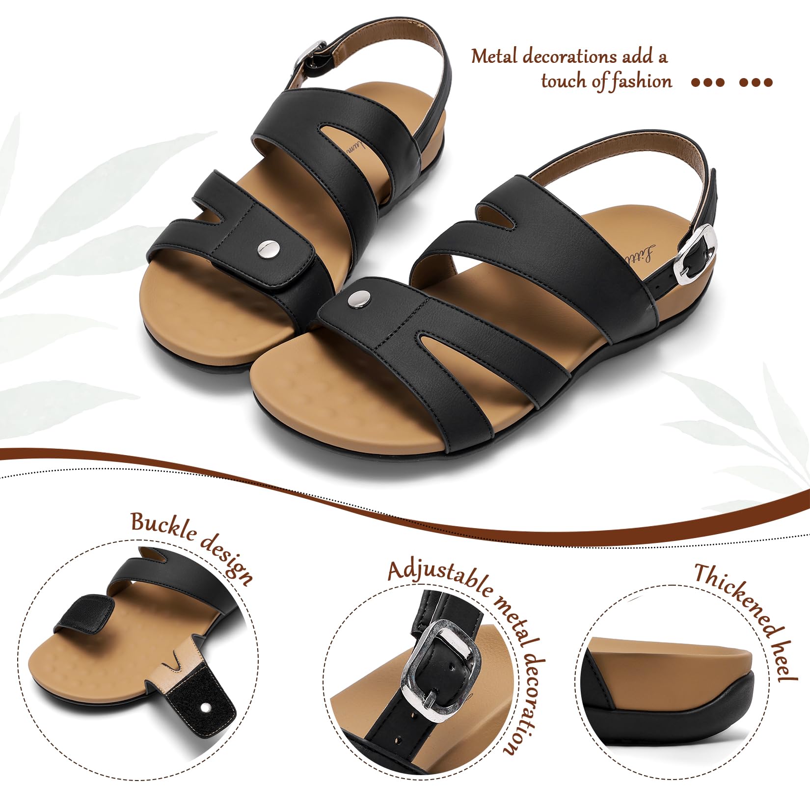Littleplum Women's Orthopedic Sandals With Arch Support Comfortable Walking Orthotic Casual Flat Sandals For Women Dressy Black Size 8