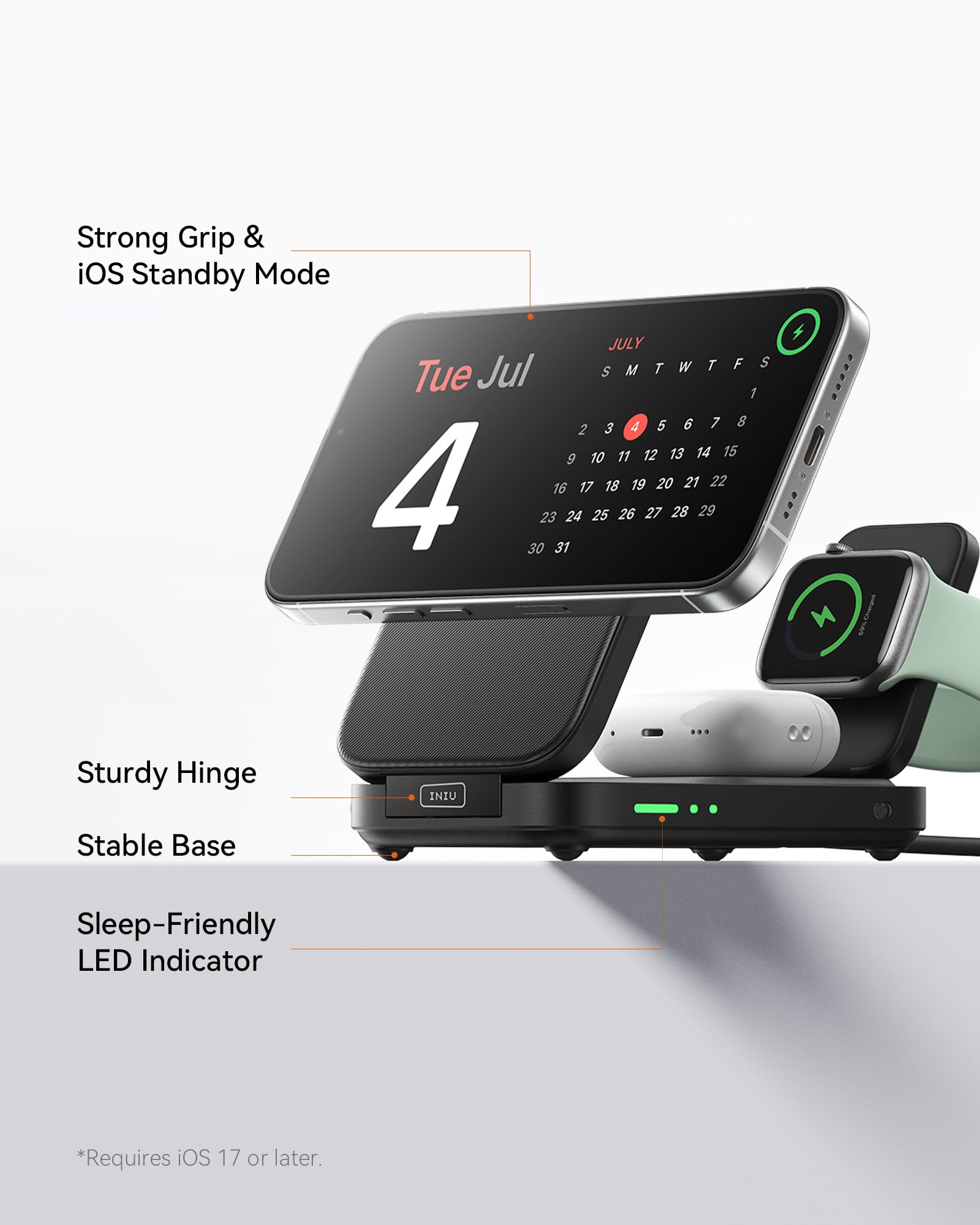 INIU 3 in 1 Foldable Wireless Charging Station, Original Qi2 Certified 15W Fast Mag-Safe Charger Stand for iPhone 17 16 15 14 13 12, Apple Watch, AirPods, Ideal for Travel Office Desk Accessories
