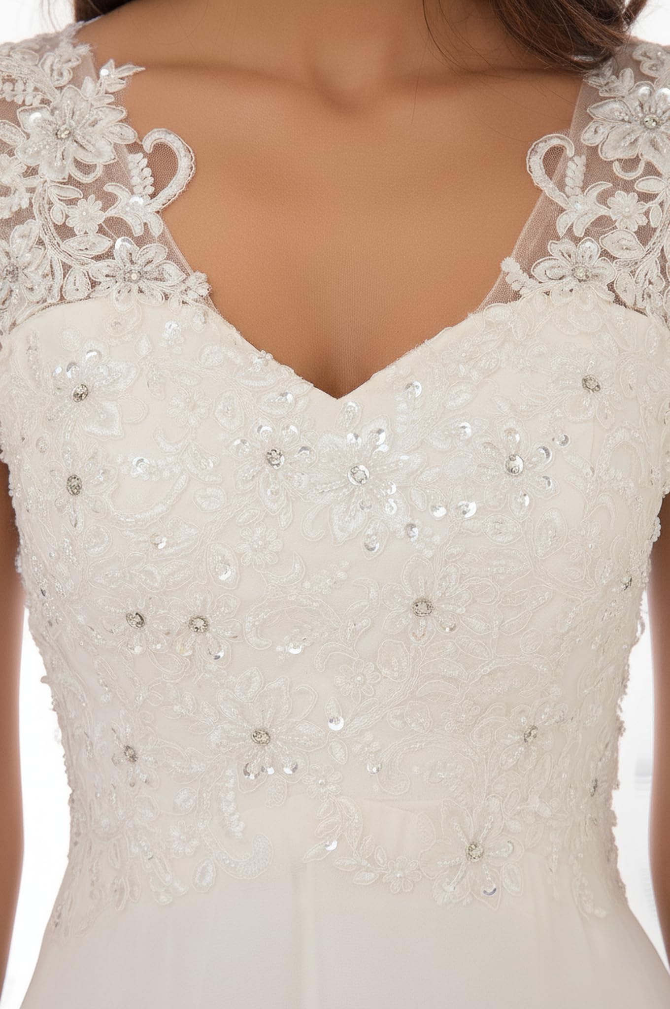 Abaowedding Women's Wedding Dress Lace Double V-Neck Sleeveless Evening Dress Off-White US 8