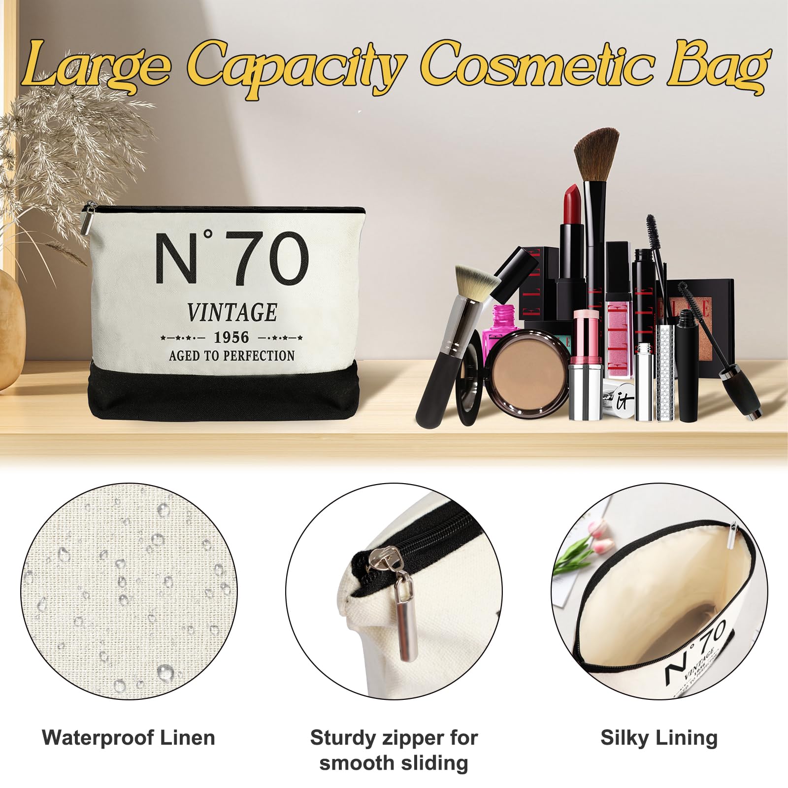 YeohJoy 70th Birthday Gifts for Women Canvas Tote Bag Travel Gear, Unique 70 Years Old Gifts for Wife Mom Sister Aunt Friends Her, Vintage N°70 Handbag & Cosmetic Bag & Back in 1956 Poster