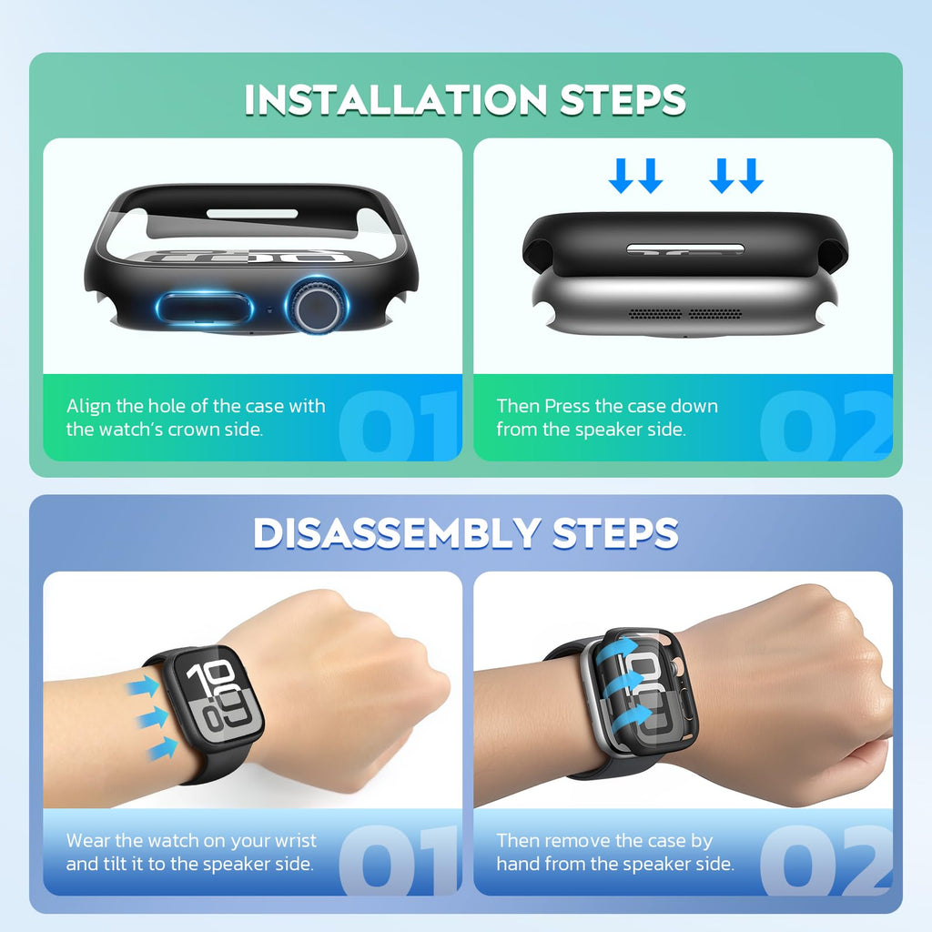Misxi 2 Pack Tempered Glass Case Compatible for Apple Watch Series 11 (2025) Series 10 46mm, Screen Protector Cover for iWatch, Black