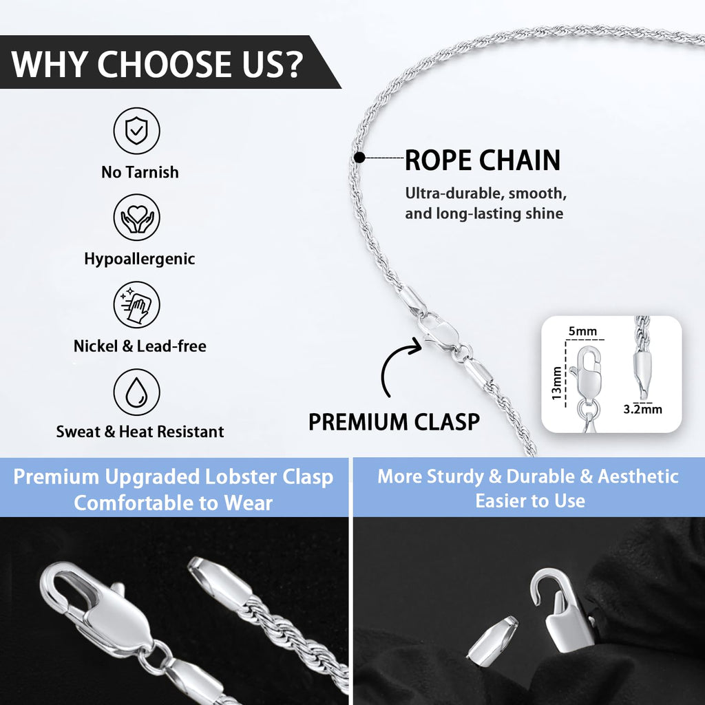 Jewlpire Silver Chain Necklace for Women, 2.5mm Rope Chains Silver Chain for Women Sturdy Womens Chains Necklace, 20 Inch