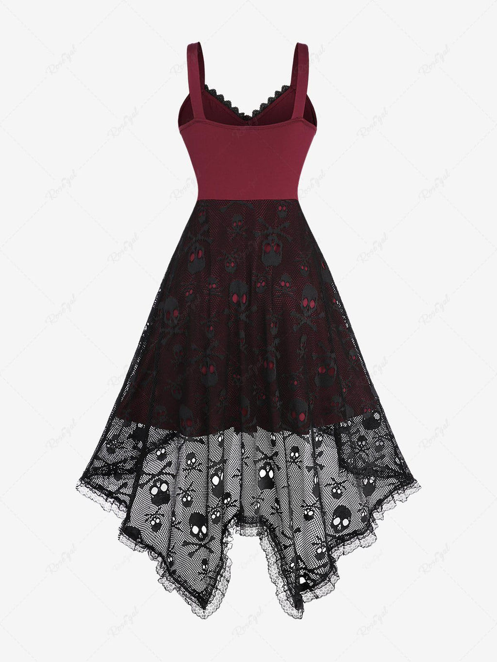 ROSE GAL Women Plus Size Gothic Lace-up PU Cross Skulls Lace Panel Asymmetrical High Low Midi Dress Rivets Straps Punk Dress(Red_3/4X)
