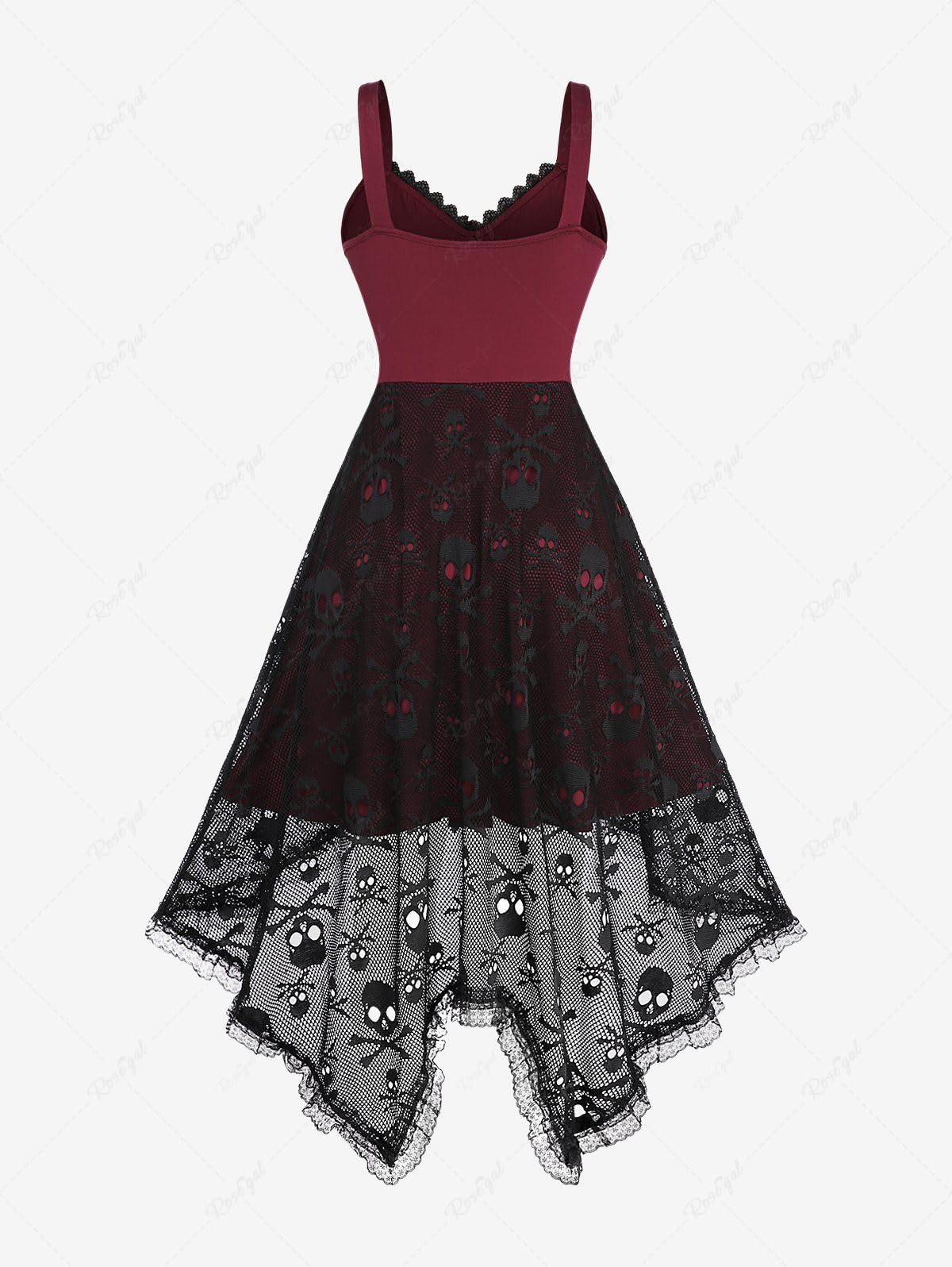 ROSE GAL Women Plus Size Gothic Lace-up PU Cross Skulls Lace Panel Asymmetrical High Low Midi Dress Rivets Straps Punk Dress(Red_3/4X)