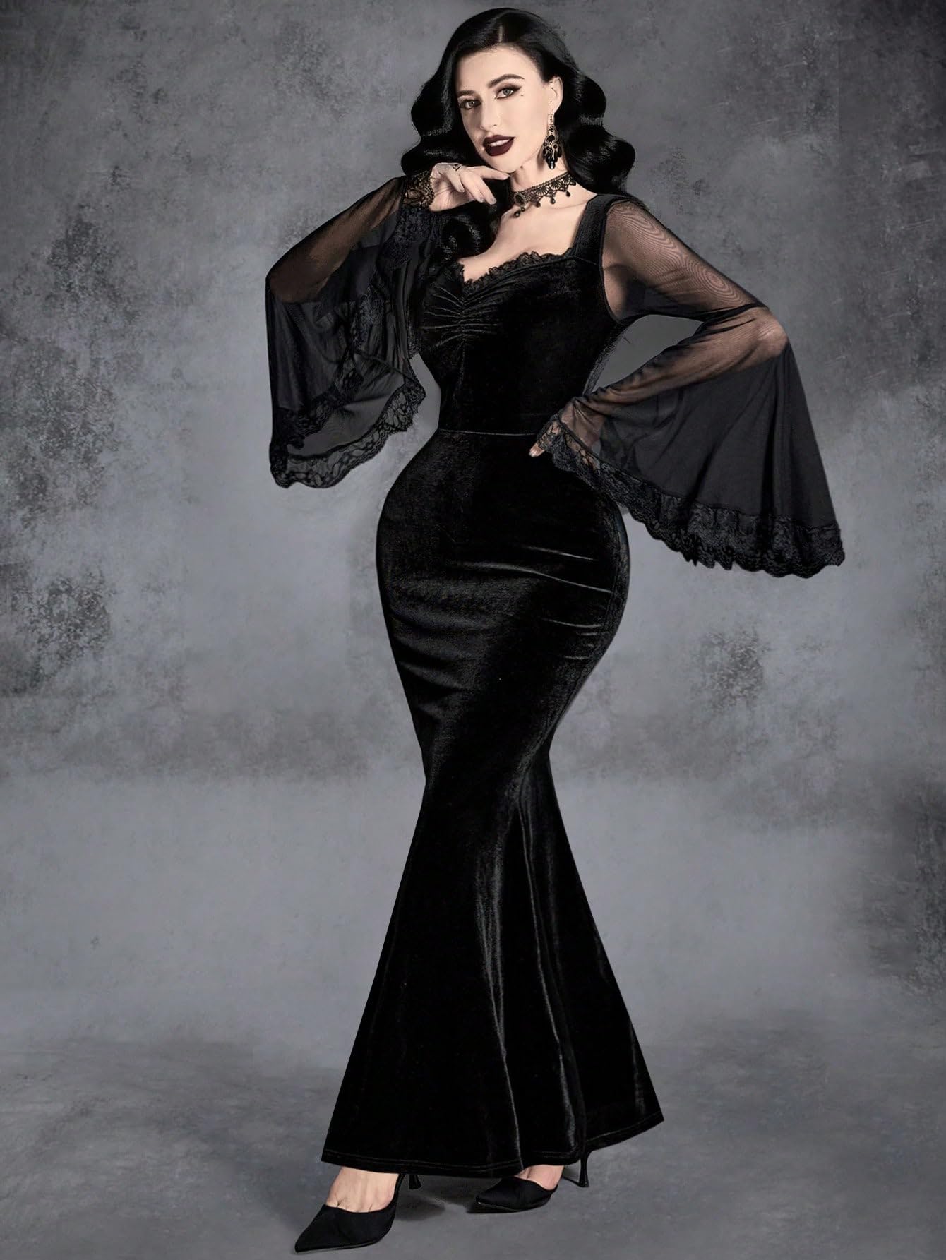 GothDark Women's Goth Dress Black Velvet Mermaid Mesh Bell Sleeve Lace Trim Sexy Vintage Cosplay Party Dresses