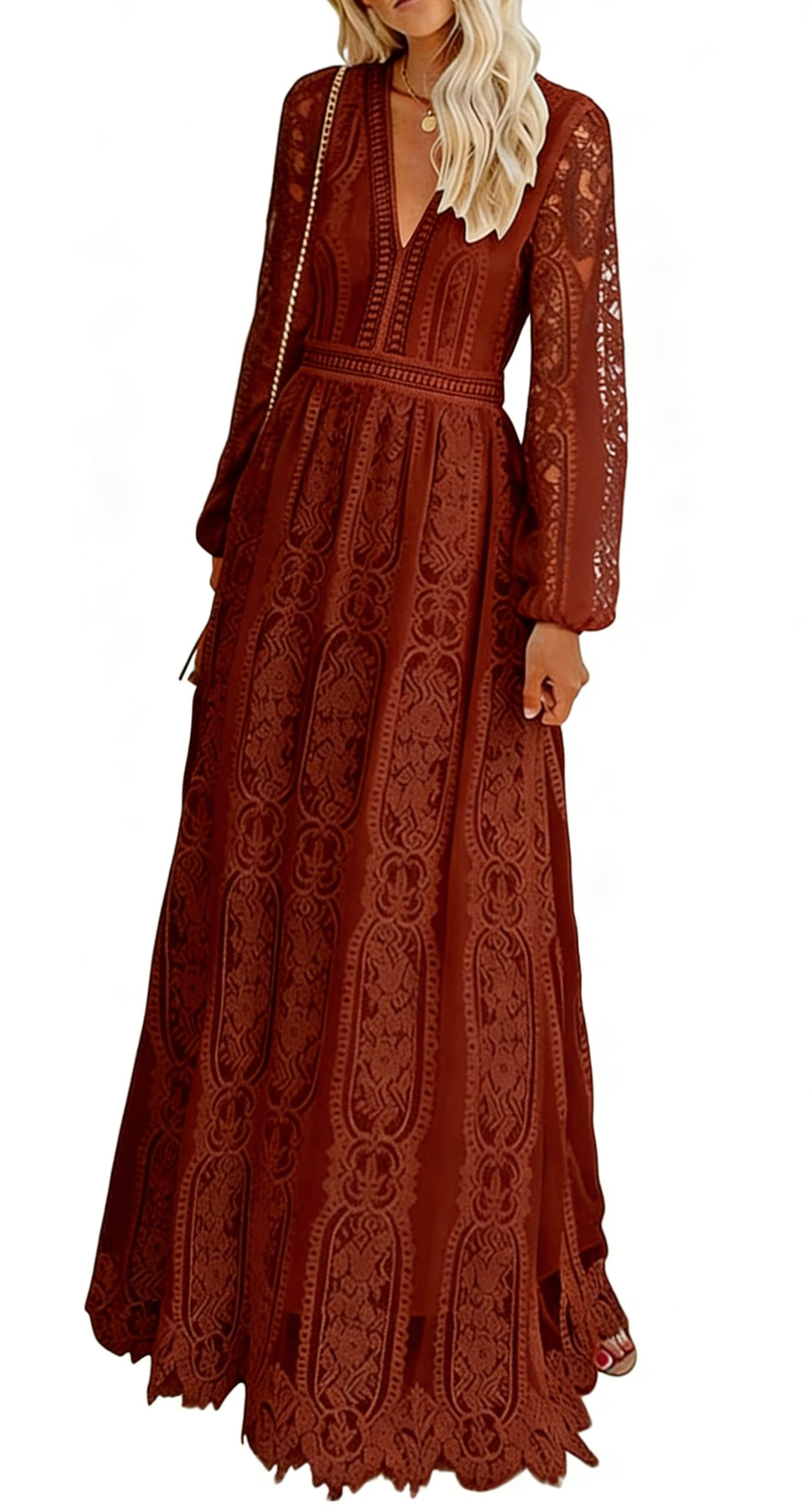 Cercis Women V-Neck Long Sleeve Floral Lace Formal Maxi Dress Spring Fall Flowy Party Dresses for Wedding Guest Rust