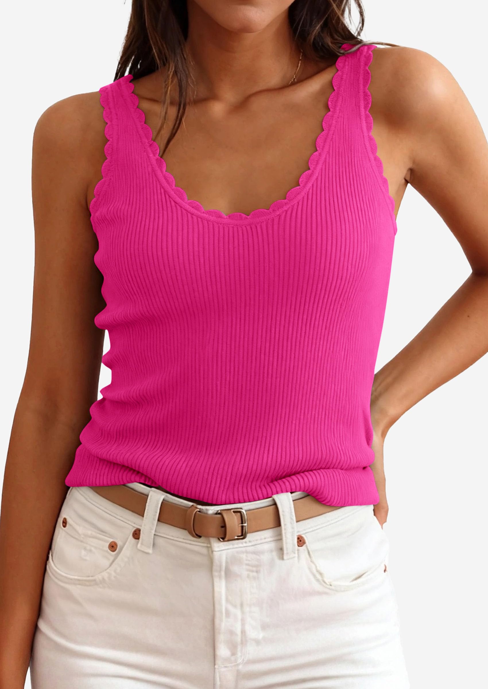 PRETTYGARDEN Womens Summer Sleeveless Tank Tops 2026 V Neck Ruffle Lightweight Ribbed Knit Shirt Casual Going Out Top (Rose Red,Small)