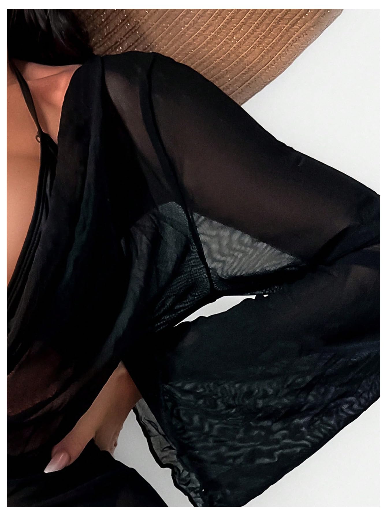 WDIRARA Women's 3 Piece Bikini Set High Cut Halter Swimsuit with Long Sleeve Drawstring Cover Ups Black Medium