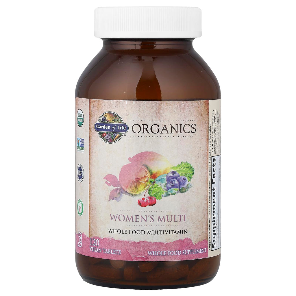 Garden of Life Organics Multivitamin for Women, Womens Multi with Vitamin C, D, Folate, B6, B12, Biotin, Iron, Vegan Whole Food Vitamins for Women, Energy, Skin, Nails, 120 Tablets
