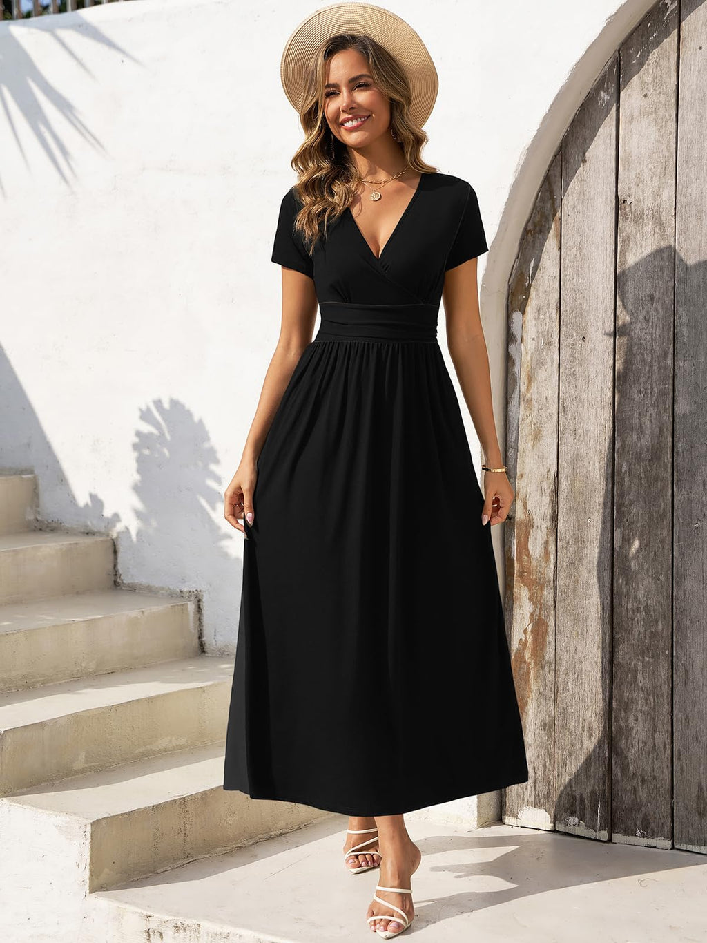 Gracyoga Womens Black Empire Waist Dress Fall Midi Smocked Swing Dresses Vintage V Neck High Waist Casual Long Dinner Outfit for Teacher L