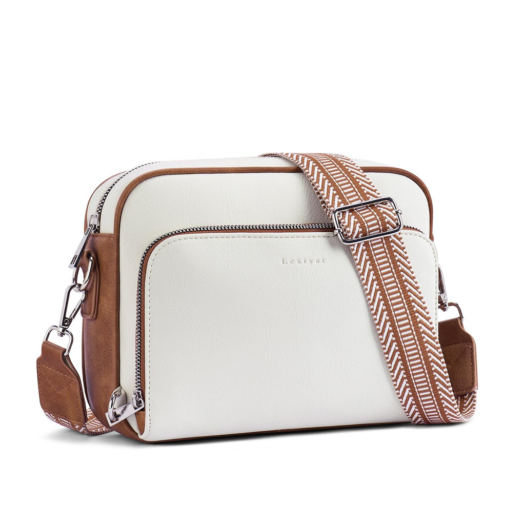 Lexiyat Crossbody Purses for Women Vegan Leather Travel Anti Theft Bags Guitar Strap Shoulder Purse with Built in Wallet Beige