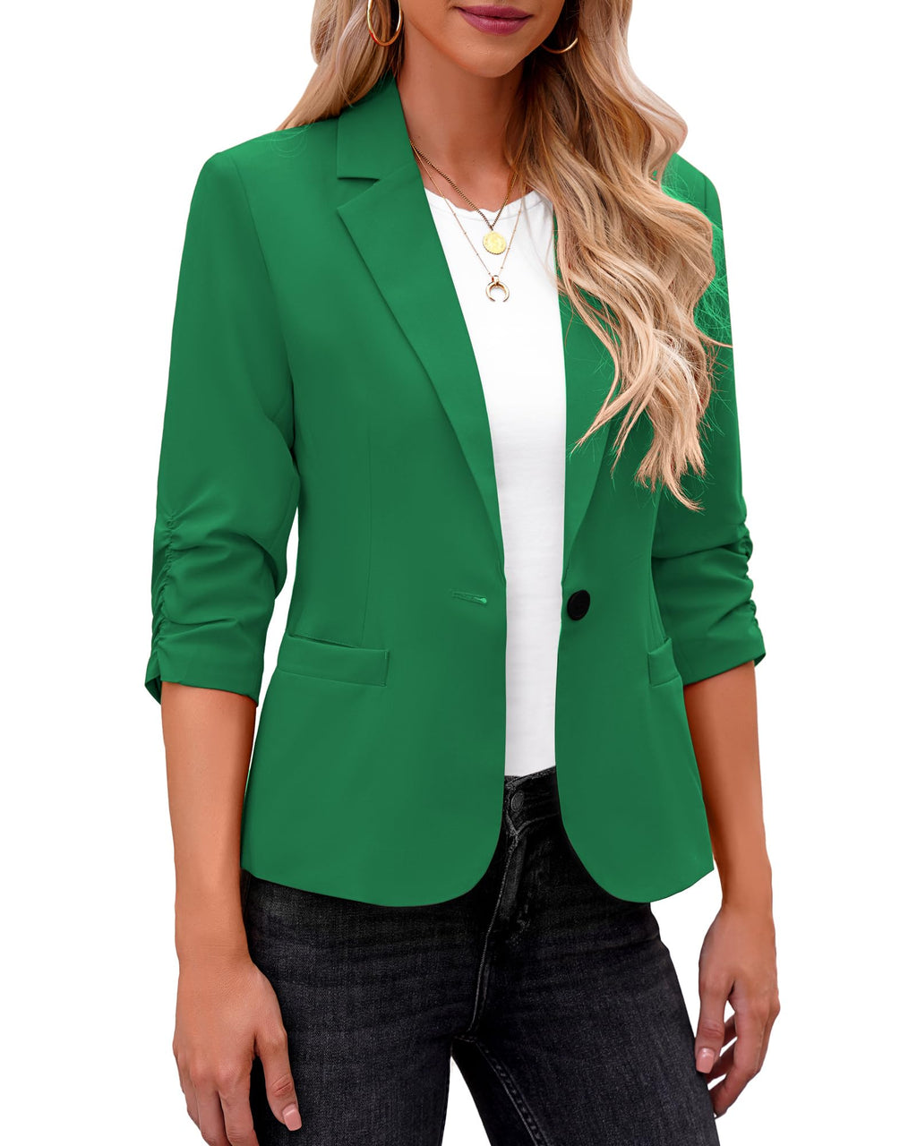 LookbookStore Women Blazer with Pockets 3/4 Sleeve Jacket Outfit Size L Green