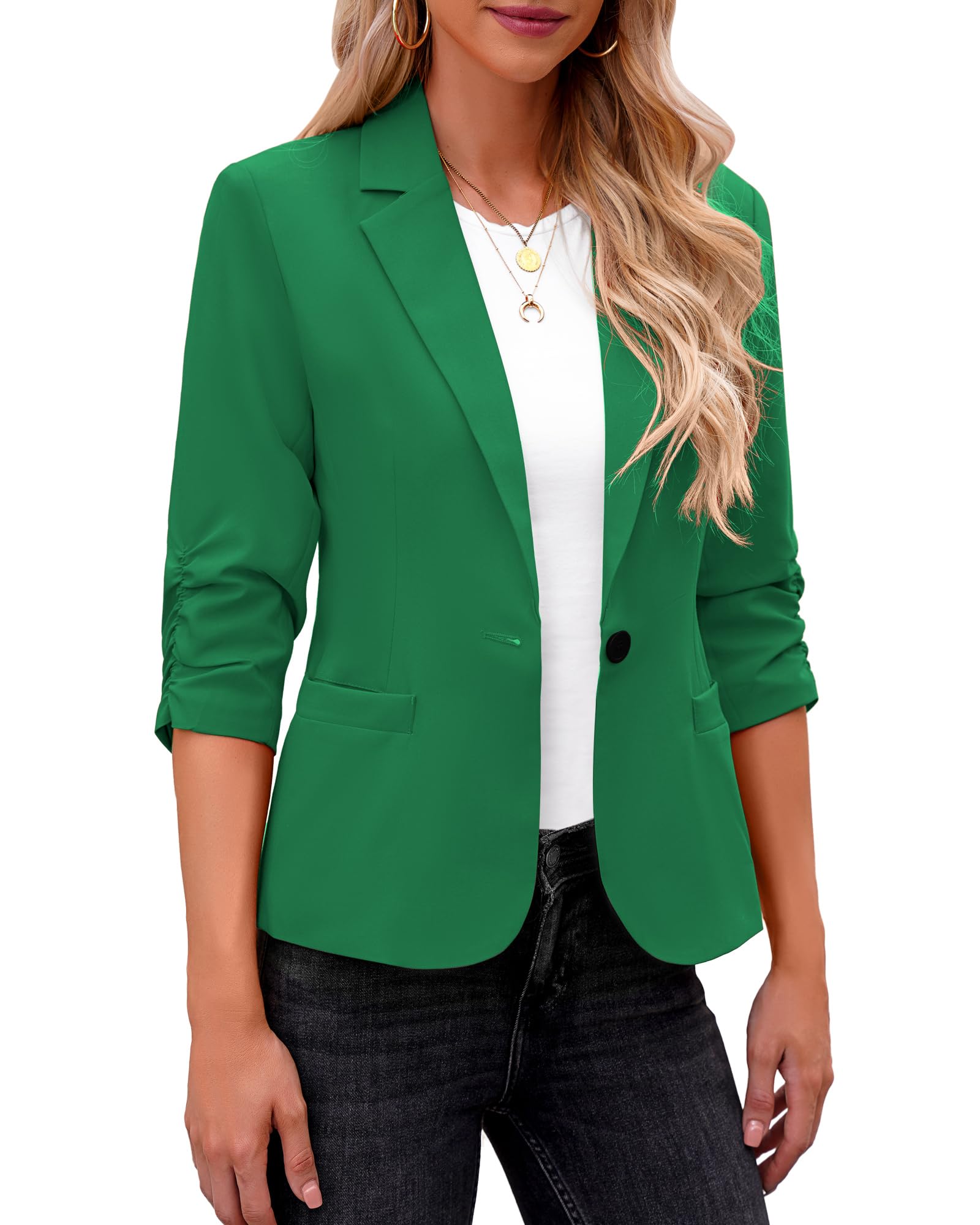 LookbookStore Women Blazer with Pockets 3/4 Sleeve Jacket Outfit Size L Green