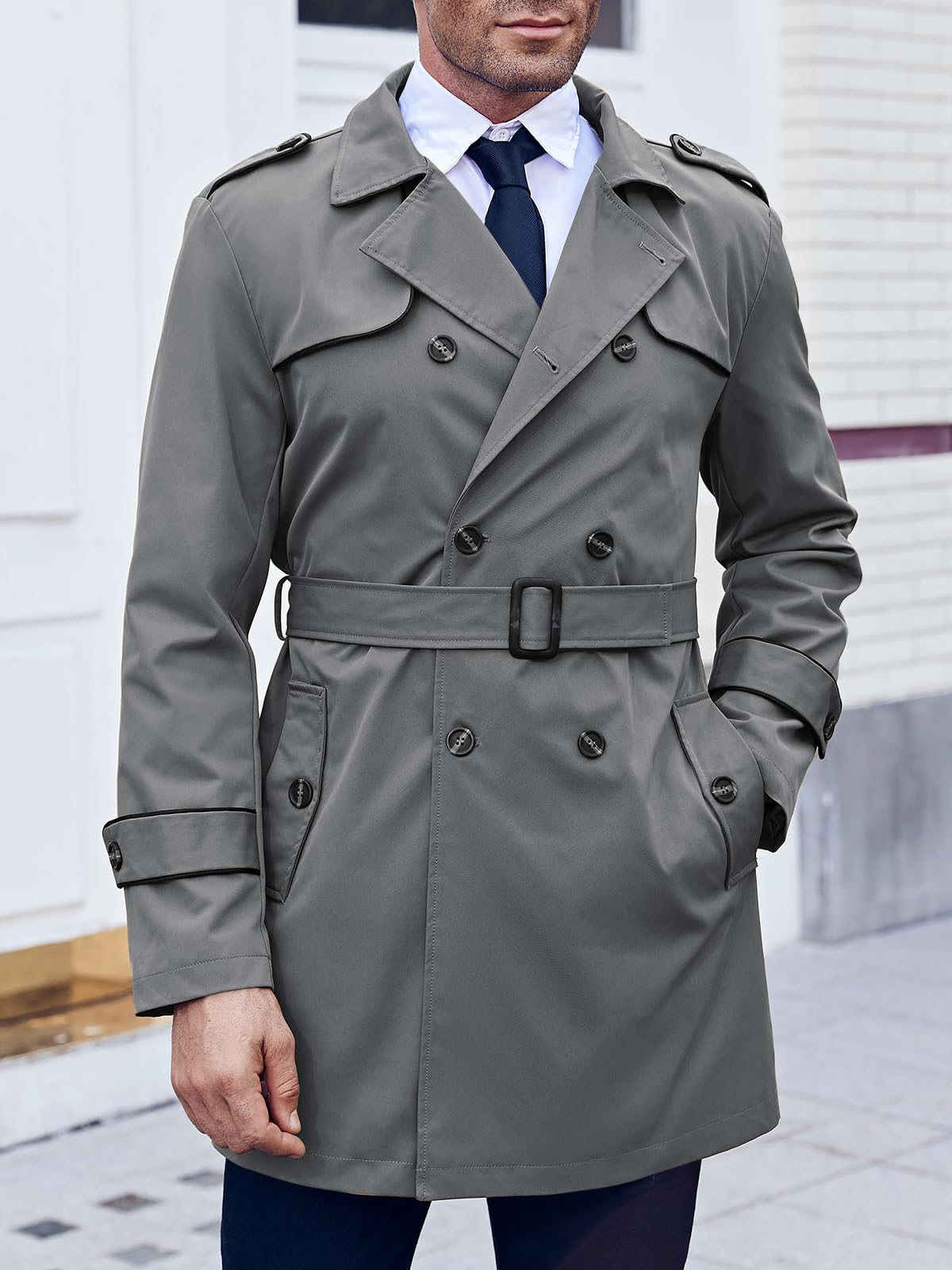 Makkrom Men's Trench Coat Slim fit Double Breasted Notched Lapel Belted Windbreaker Long Jacket Casual Windproof Overcoat